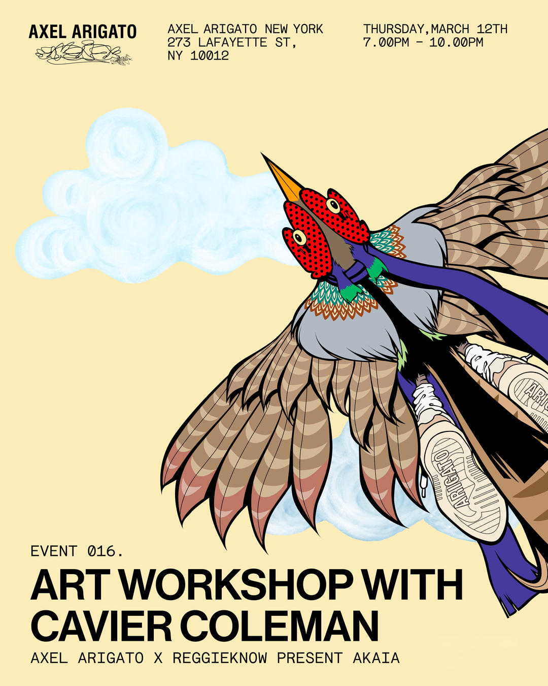 Illustrated bird with vibrant colors flying against a beige background. Text details an art workshop event at Axel Arigato, New York.