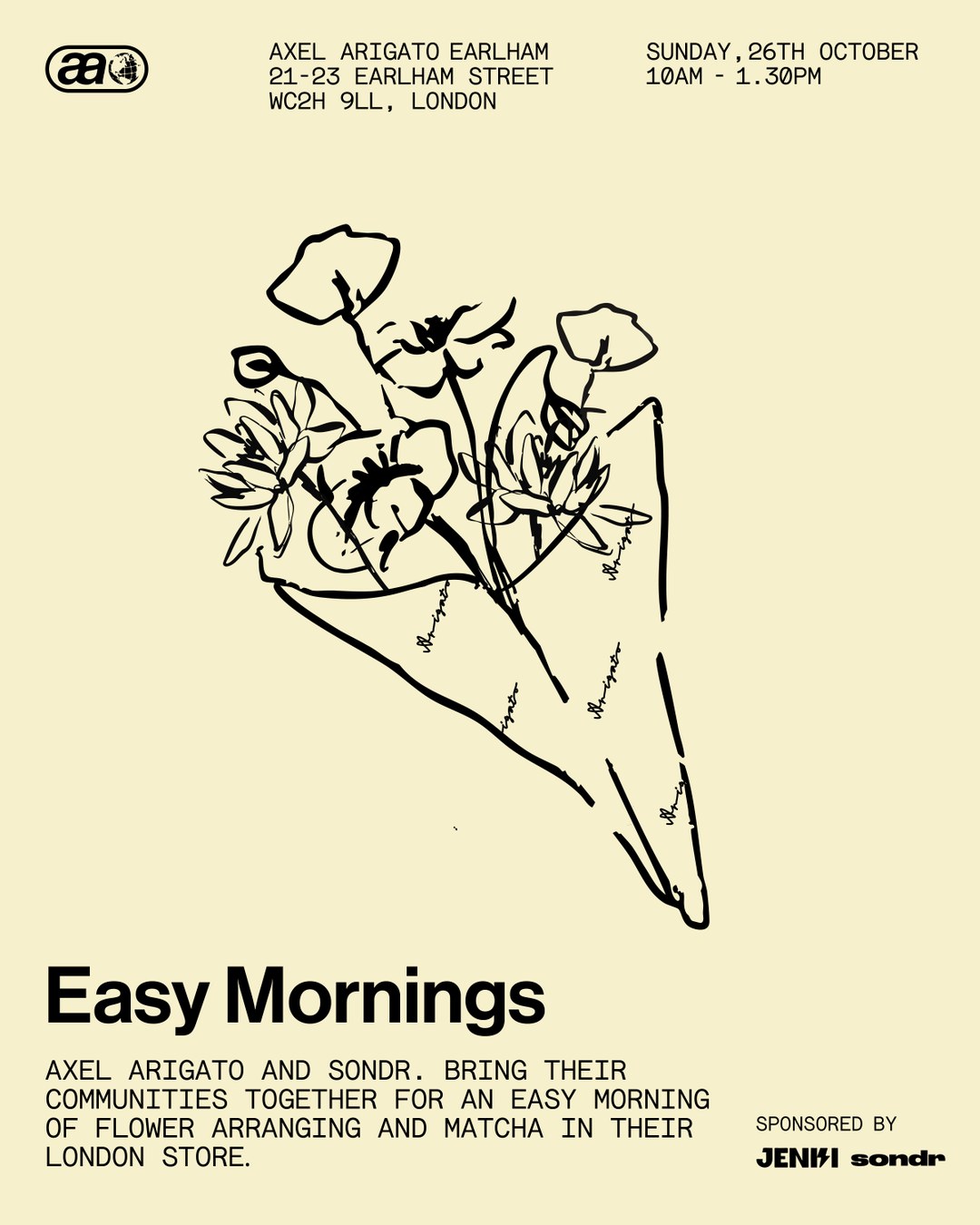 Illustrated bouquet with event details for "Easy Mornings" flower arranging and matcha event at Axel Arigato, London, on October 26th.