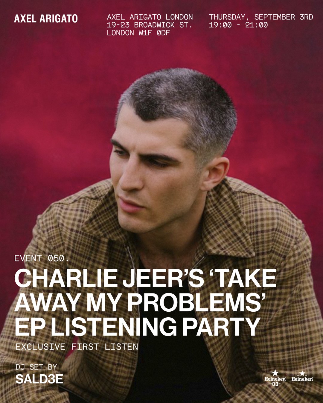 A promotional poster for Charlie Jeer's "Take Away My Problems" EP listening party, featuring a man in a plaid shirt with event details.