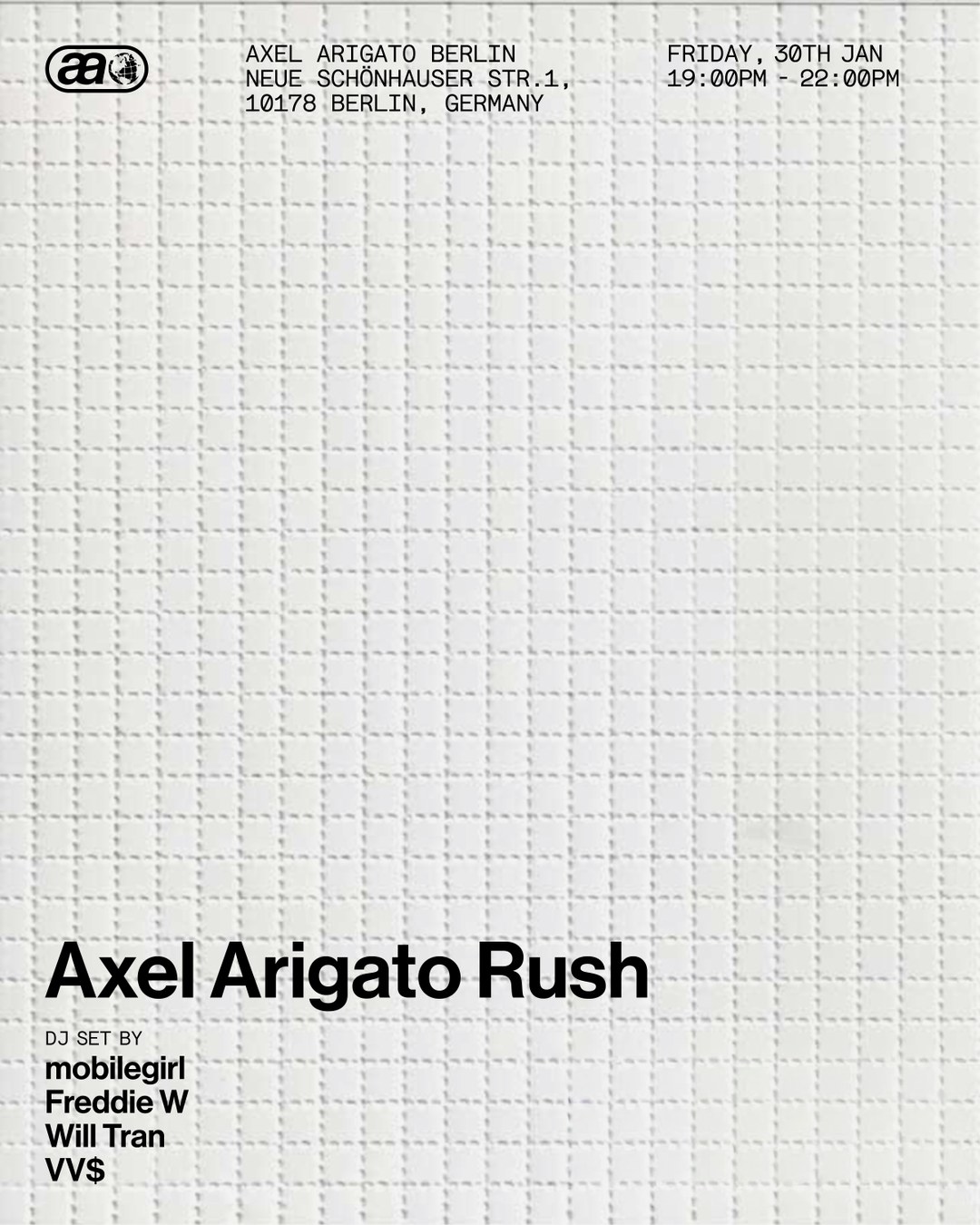 Event poster titled "Axel Arigato Rush" with DJ set details and location in Berlin. Grid-style background with minimalist design.