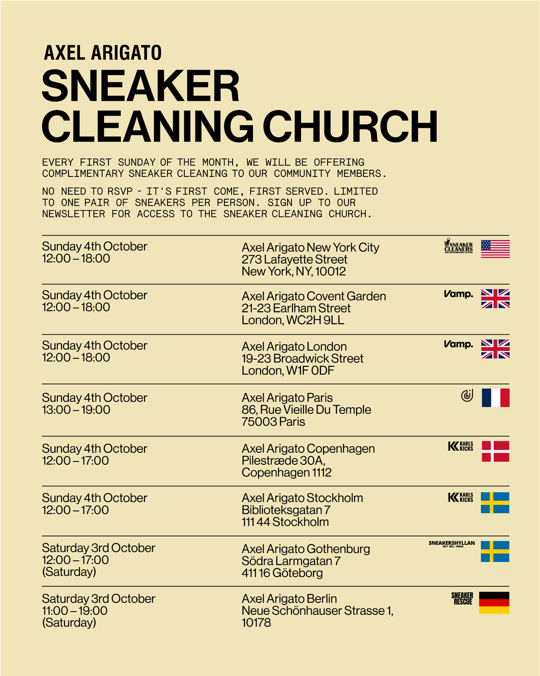 Event poster for Axel Arigato Sneaker Cleaning Church with dates, times, and locations in New York, London, Paris, Copenhagen, Stockholm, Gothenburg, and Berlin.