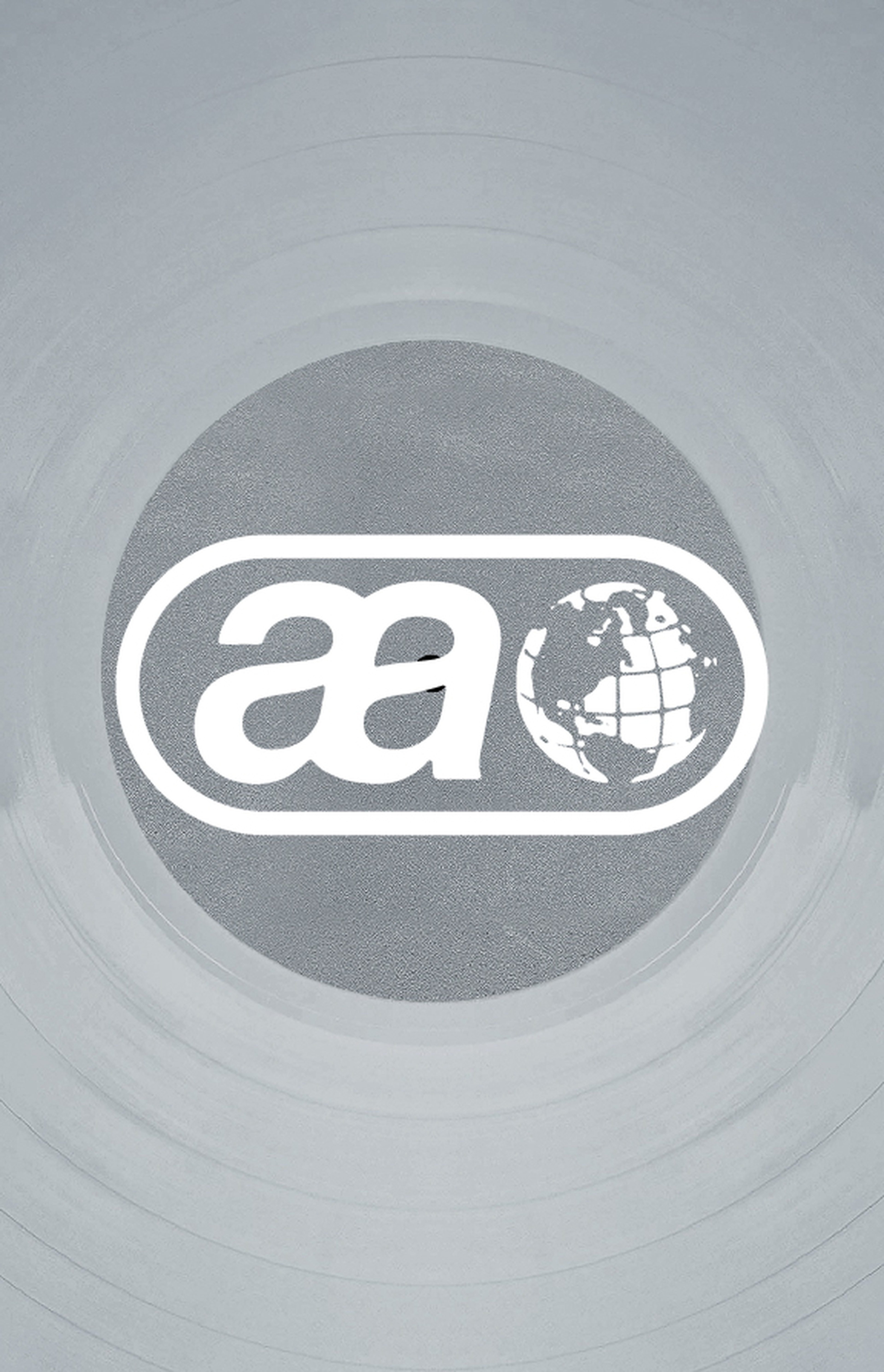 Logo with stylized lowercase "aa" next to a globe, set in a circular frame on a textured gray background.