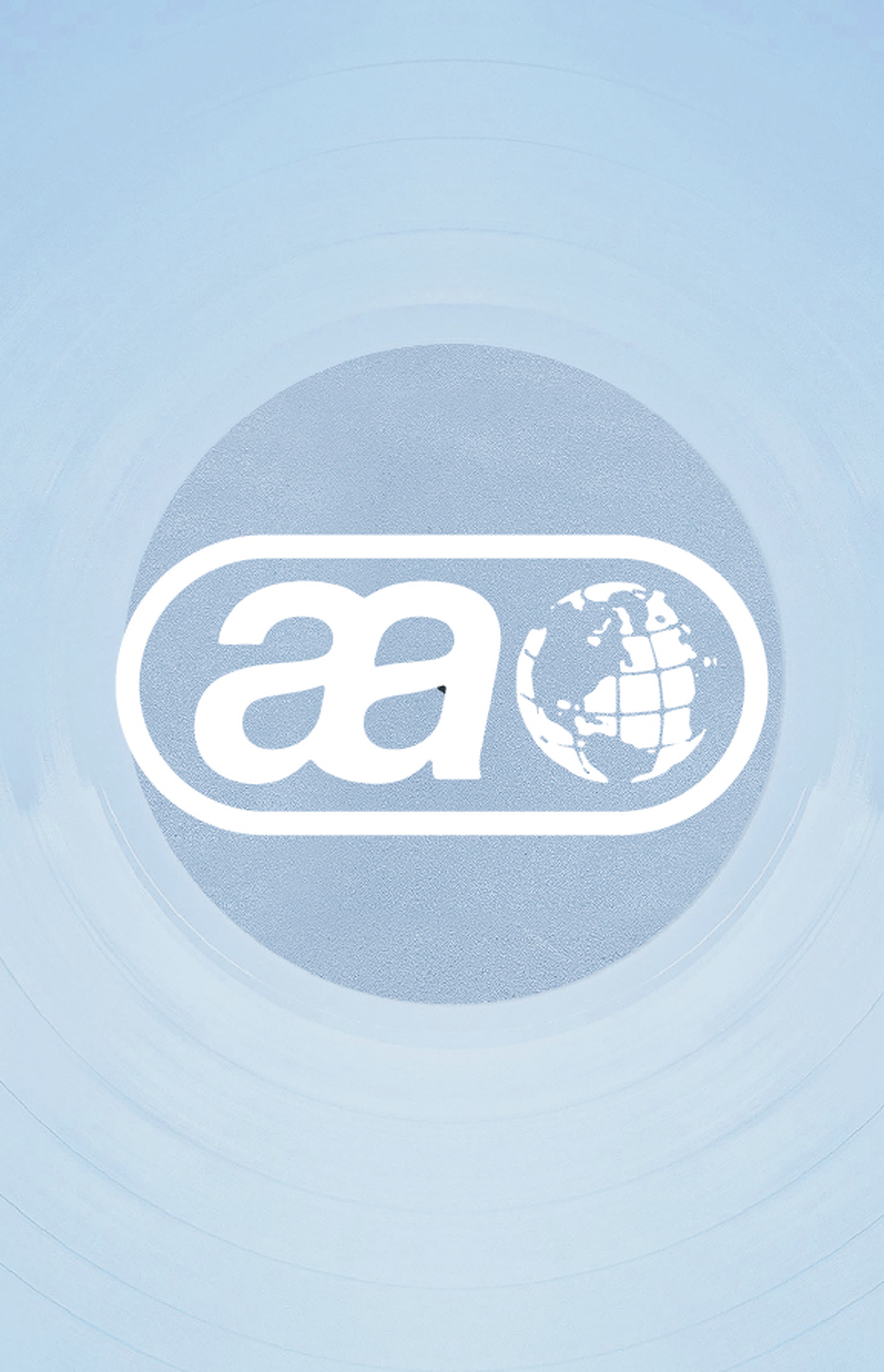 White "aa" logo with a globe on a light blue textured background.