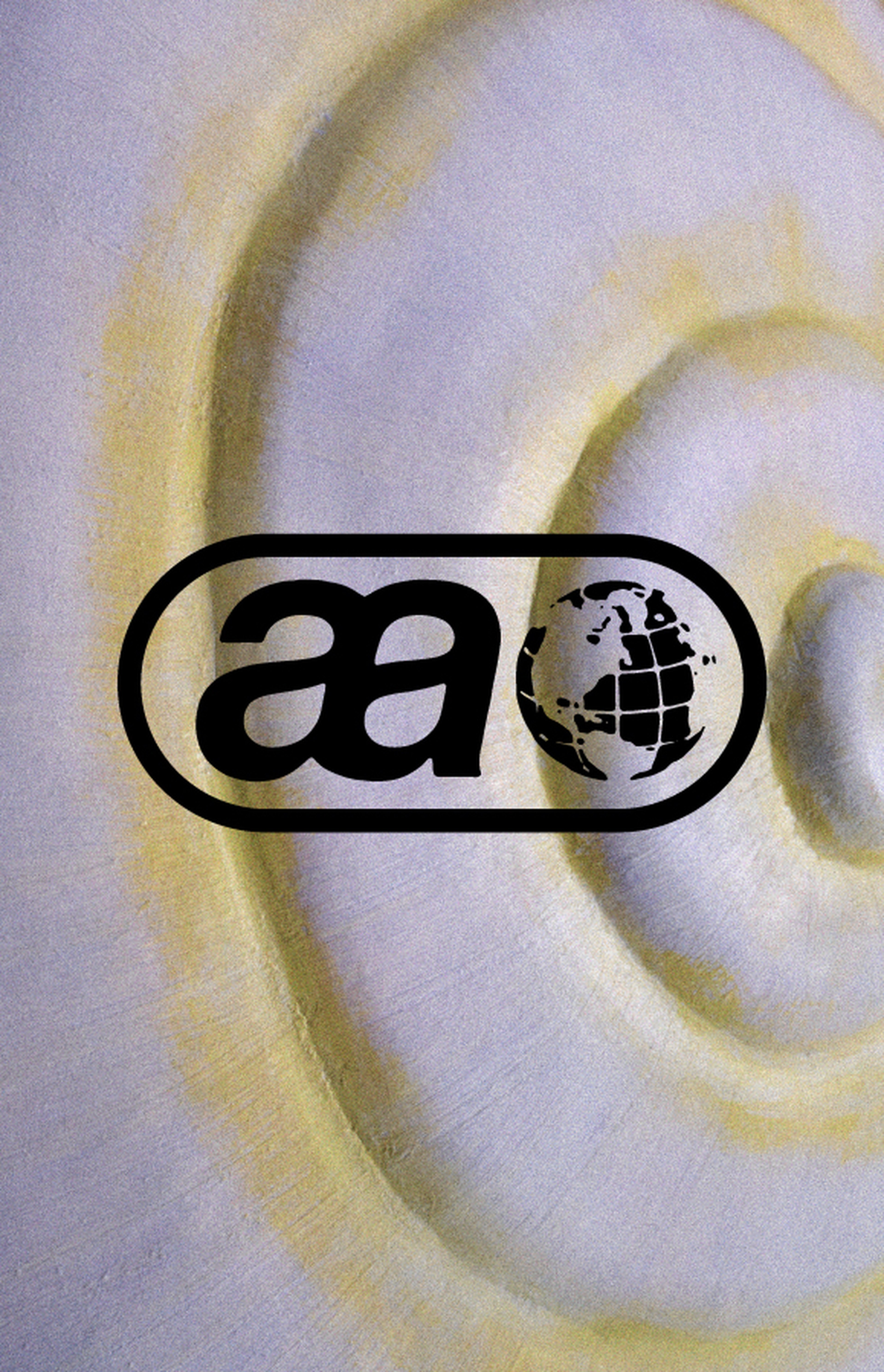Black logo with stylized "aa" and globe on a textured spiral background in shades of yellow and white.