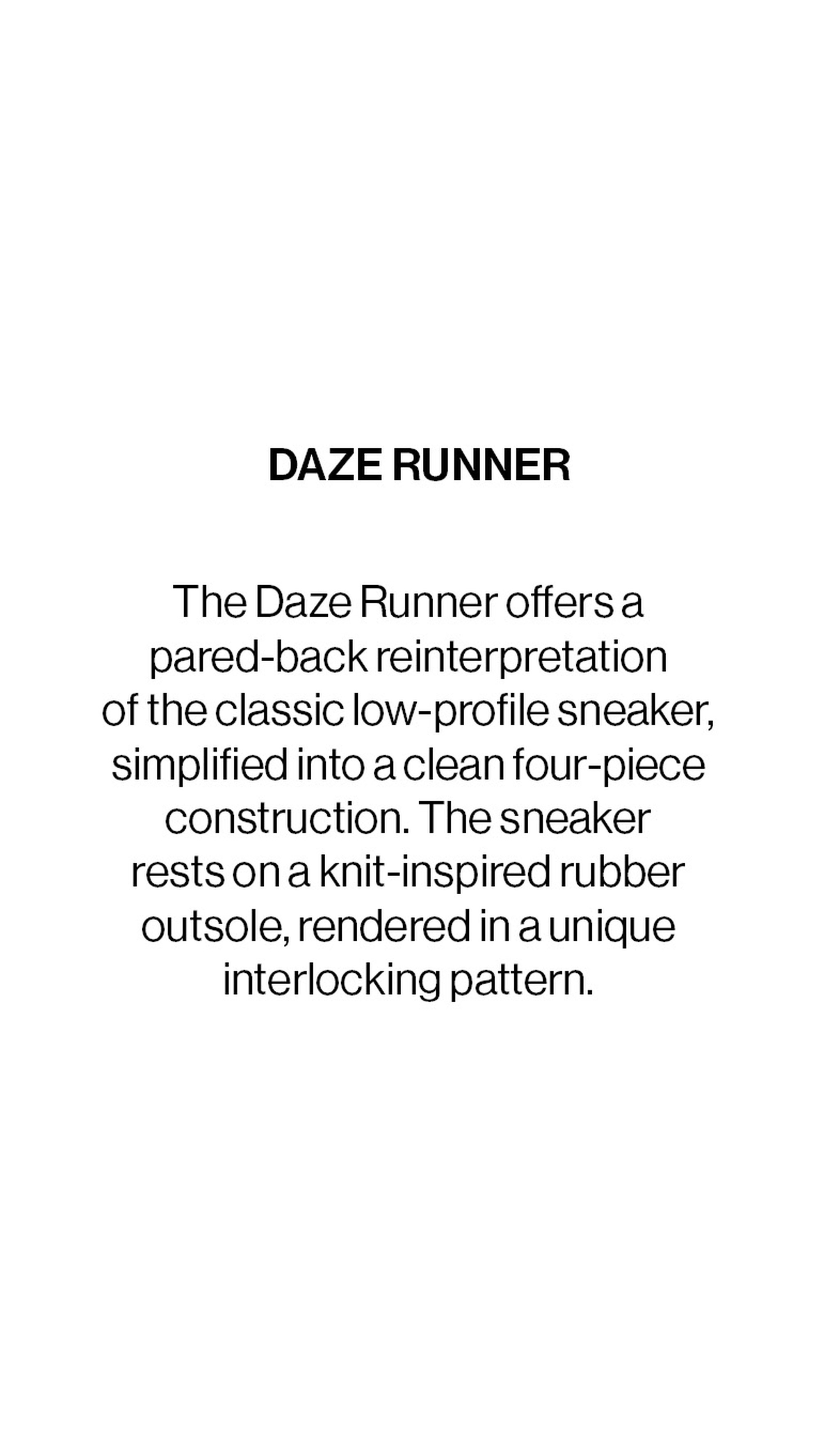 Text describing the Daze Runner sneaker, highlighting its minimalist design and unique knit-inspired rubber outsole pattern.