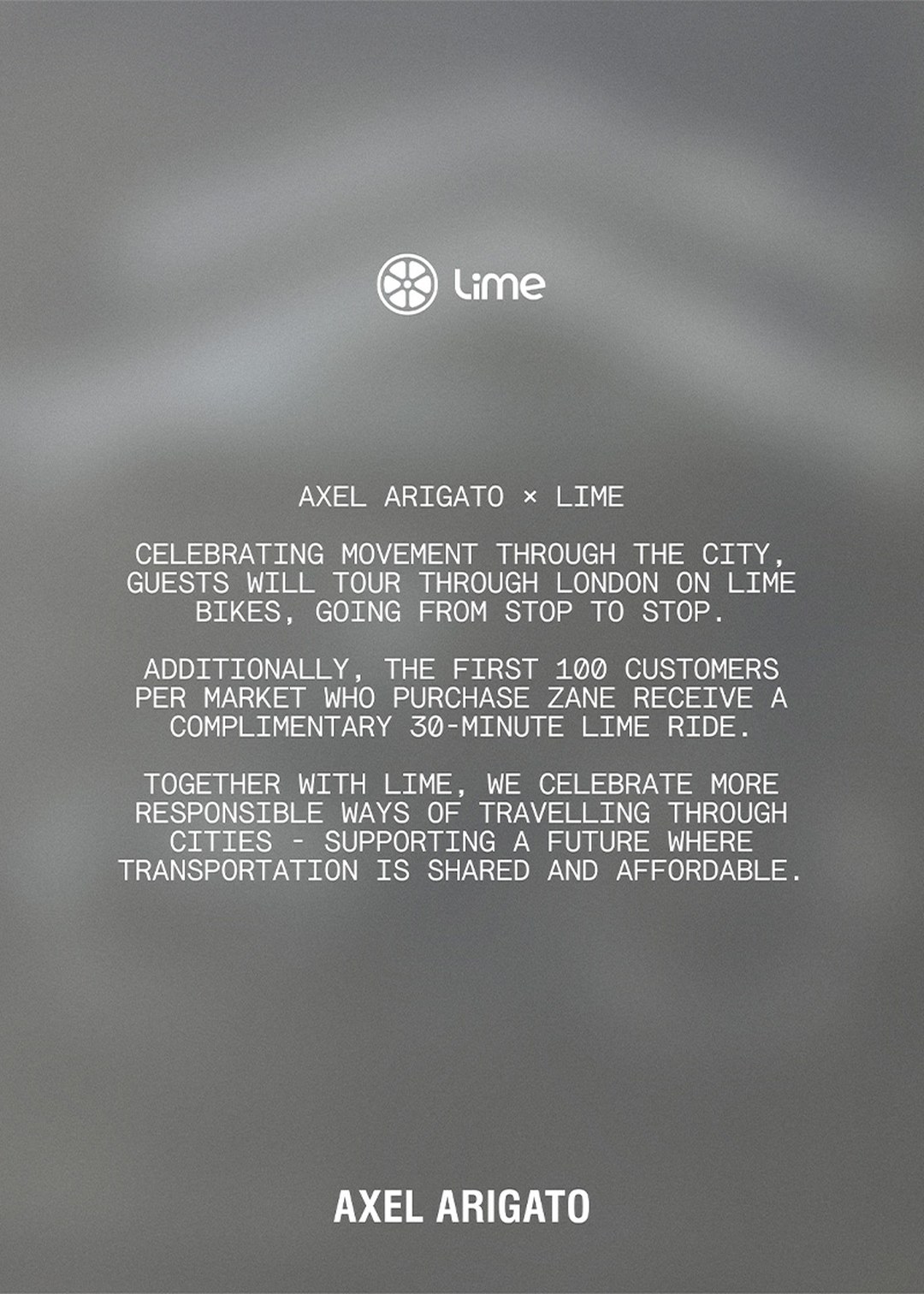 Text announcing a collaboration between Axel Arigato and Lime, promoting eco-friendly city travel with complimentary Lime bike rides.