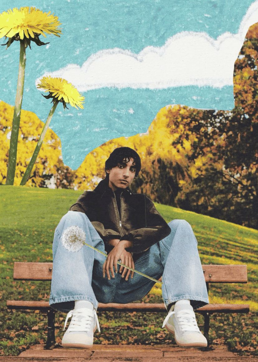 Person in a leather jacket and jeans sits on a bench with oversized dandelions and a mixed-media landscape in the background.