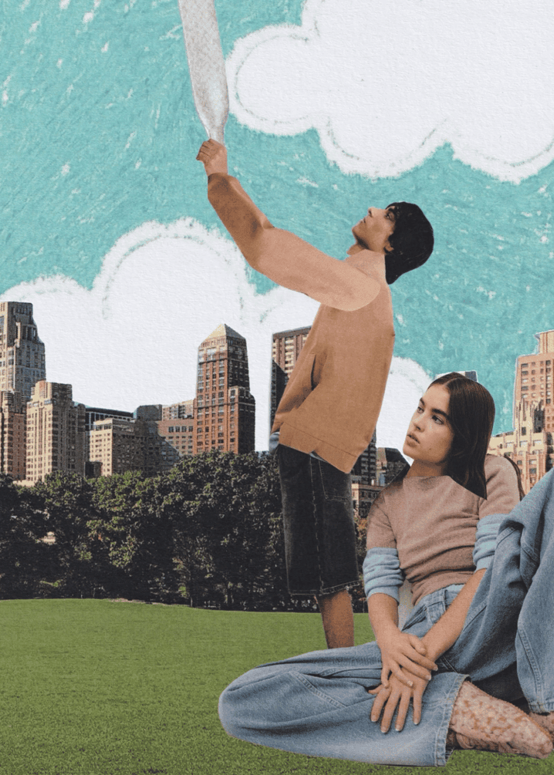 Surreal collage of a person pulling down the sky like a curtain, with another person sitting on grass against a skyline and fluffy clouds.