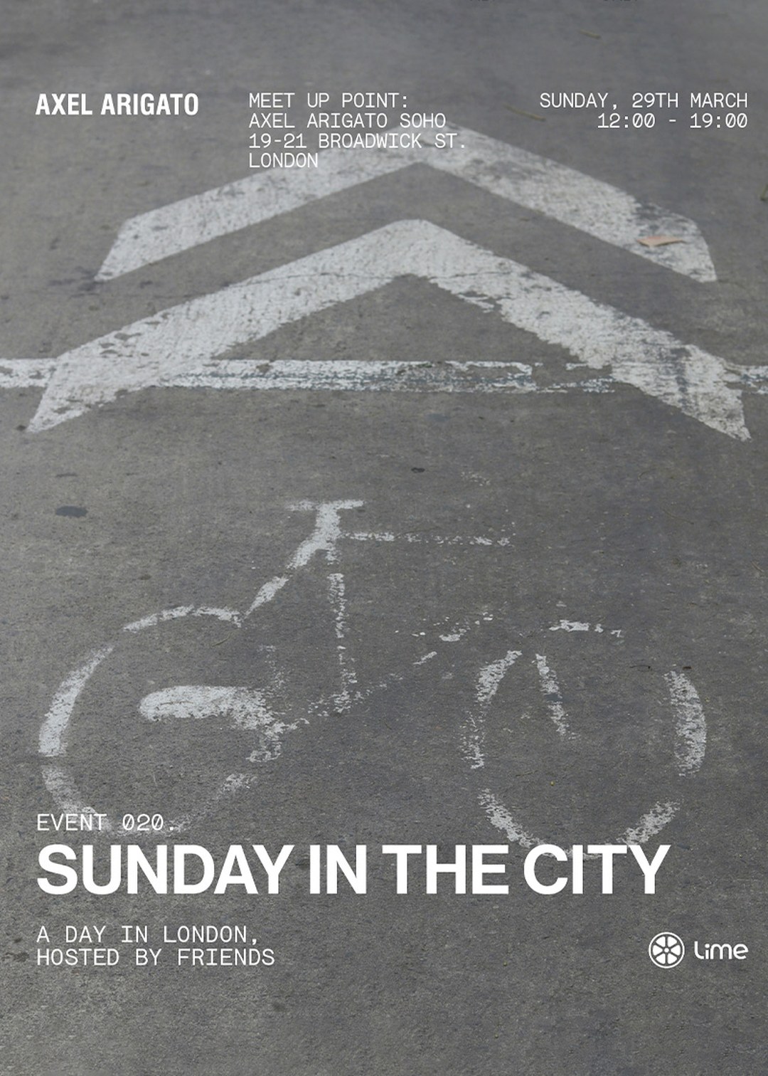 Street with bike lane symbol and arrows. Text about a Sunday event in the city at Axel Arigato, 29th March, 12:00-19:00, London.