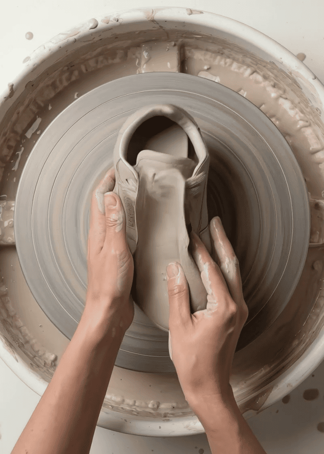 Hands shaping clay on a spinning pottery wheel, surrounded by wet clay residue.