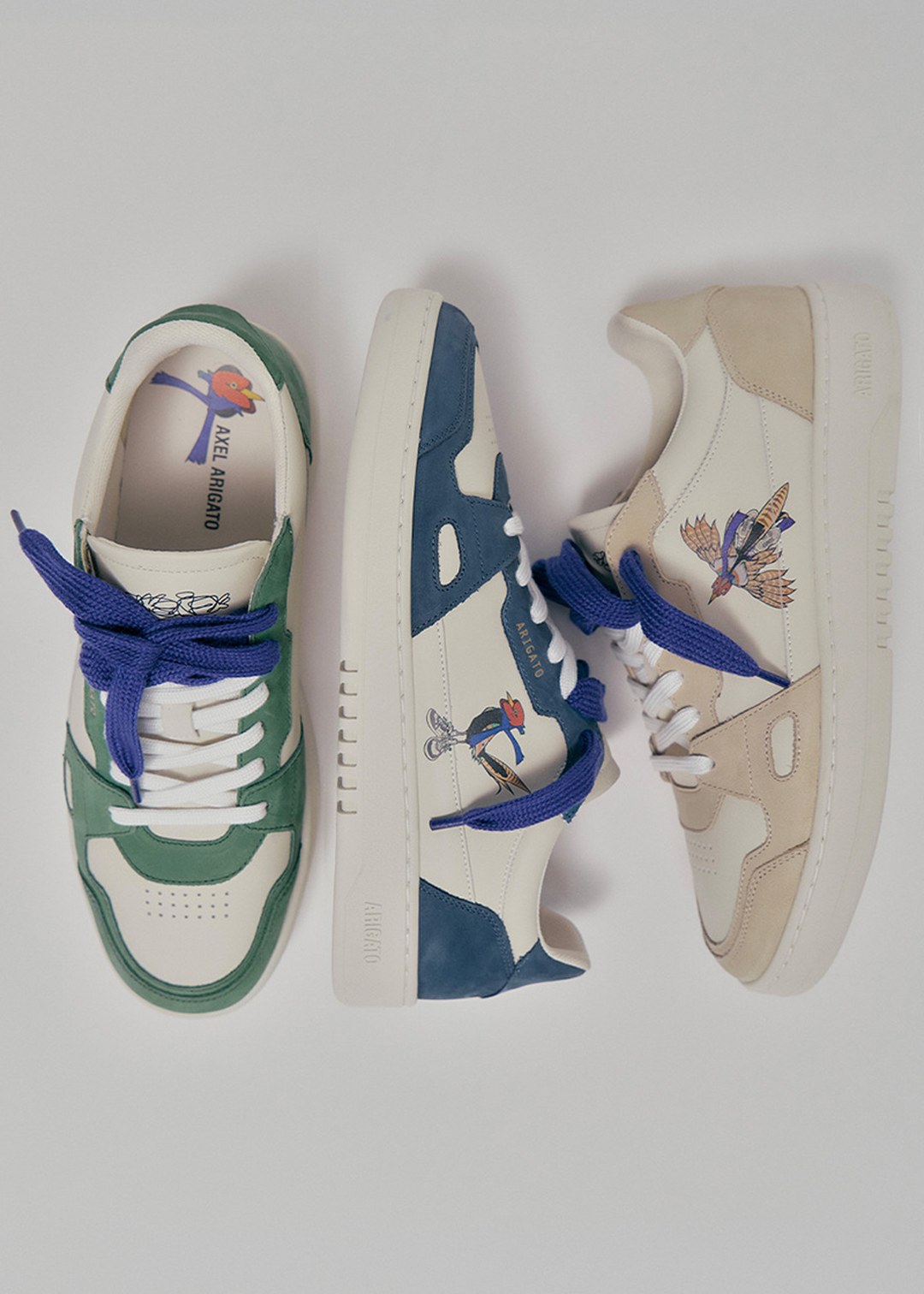 Three sneakers: green, blue, and beige, each with colorful bird artwork on the side, and purple laces, arranged on a light background.
