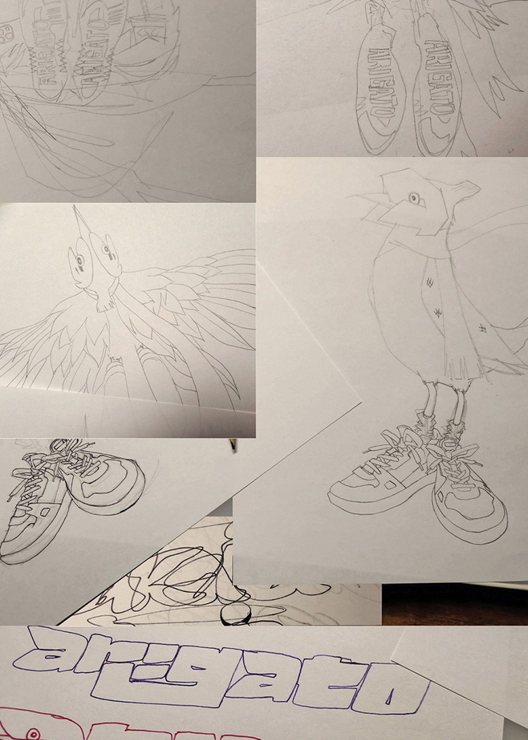 Sketches of birds wearing sneakers, with various views and handwritten text at the bottom.