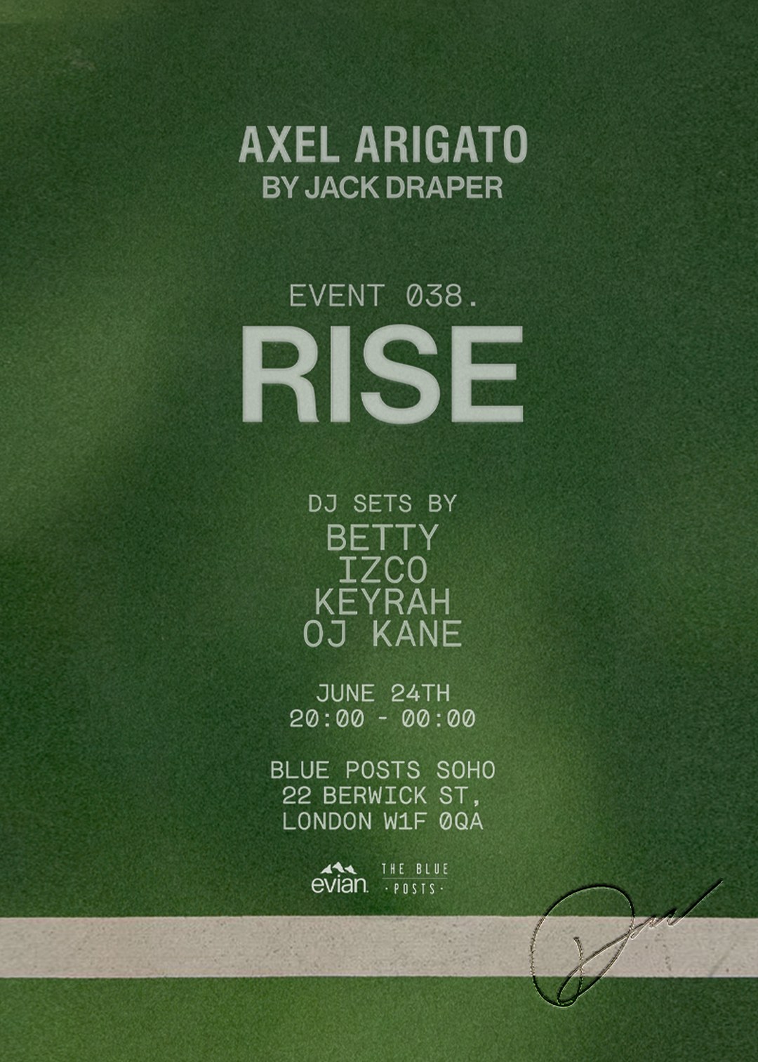 Event poster for "RISE" by Axel Arigato and Jack Draper featuring DJs Betty, Izco, Keyrah, and OJ Kane on June 24th at Blue Posts Soho.