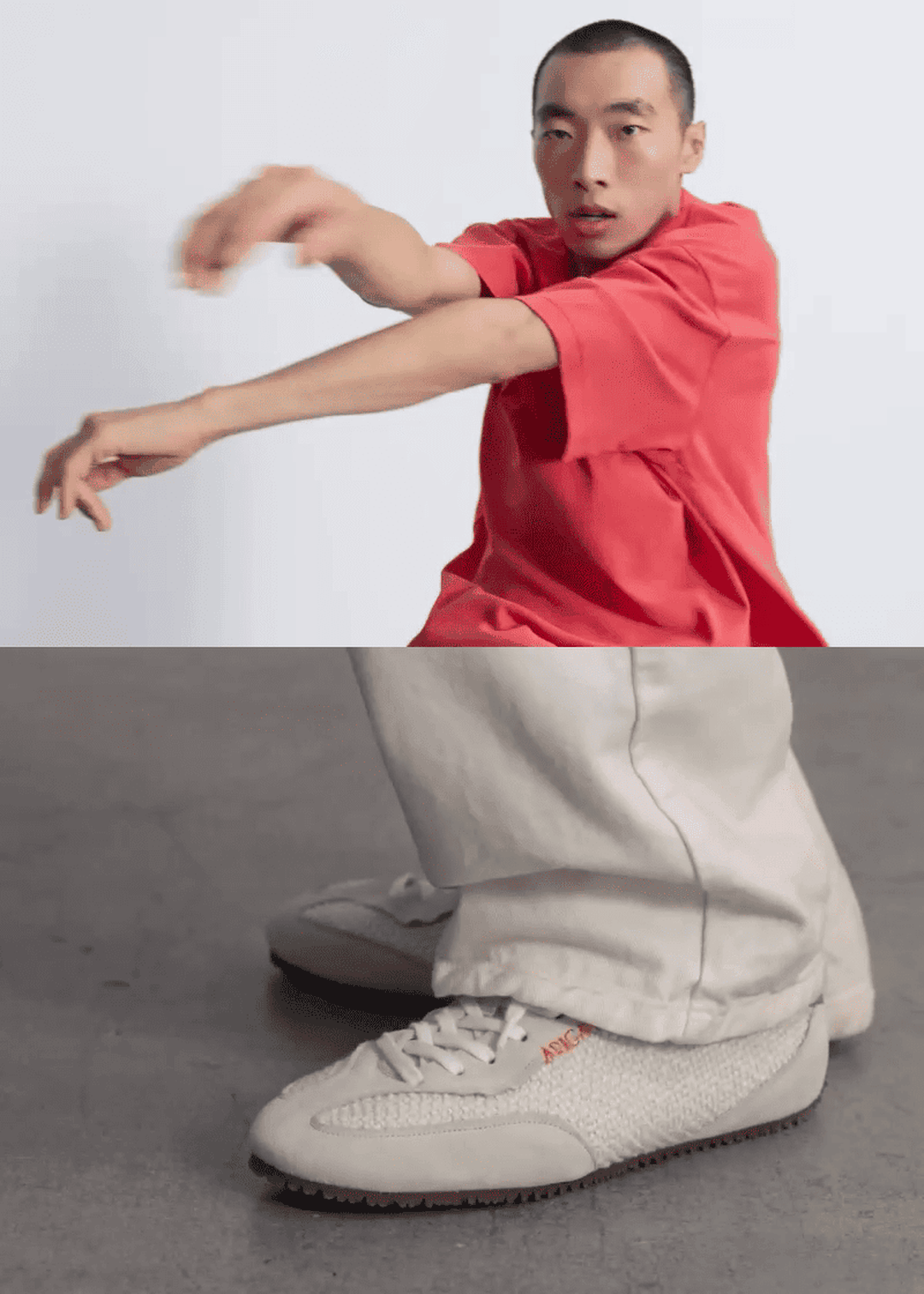 Person in a red shirt striking a pose, with a close-up of white sneakers paired with light-colored pants below.