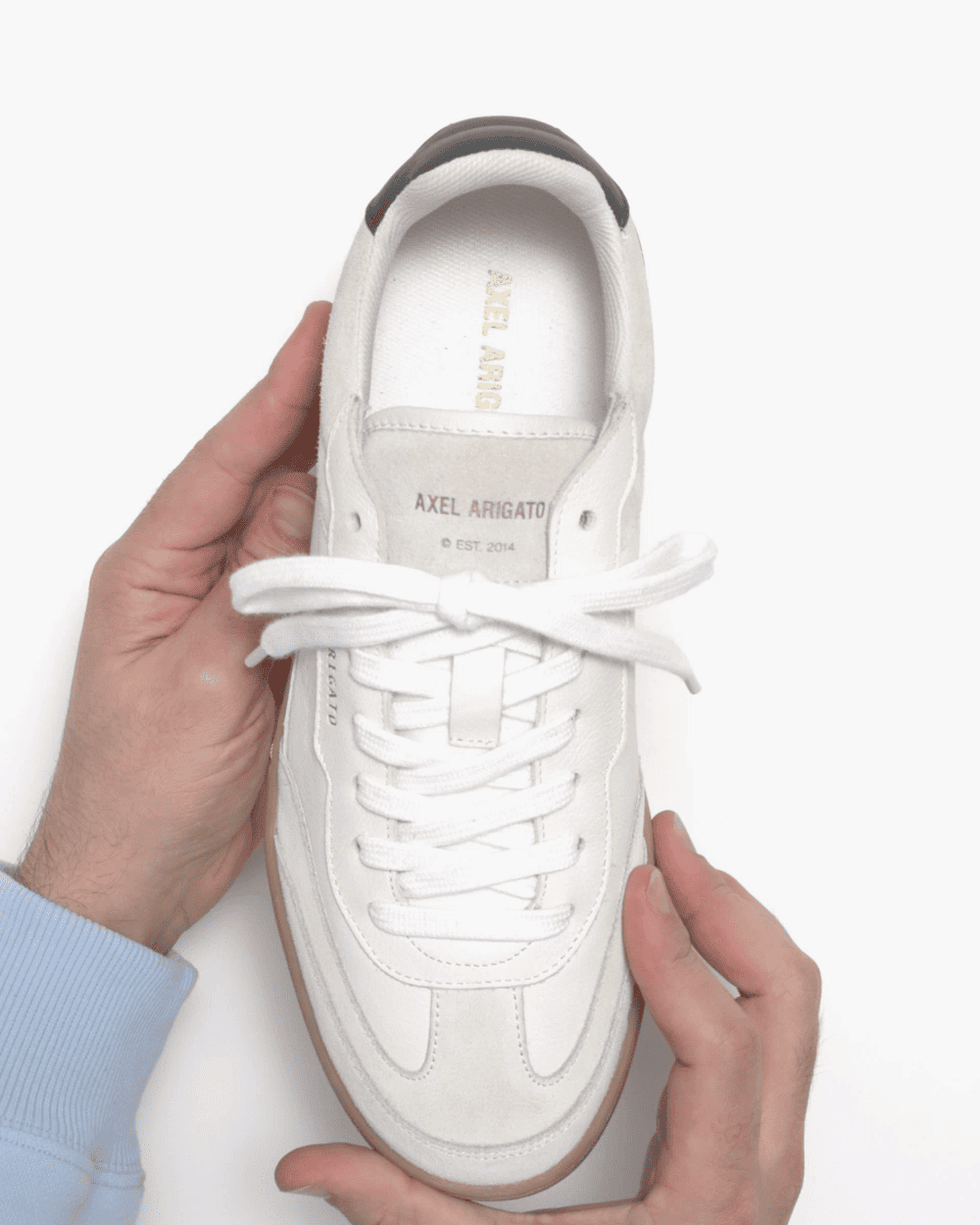 Hands holding a white Axel Arigato sneaker with white laces and brown sole, viewed from above on a white background.