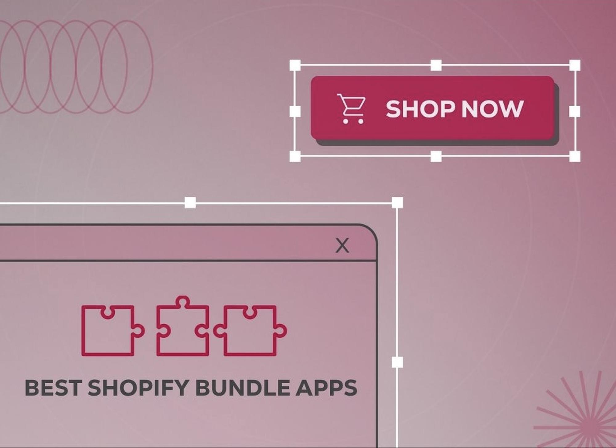 Graphic with puzzle piece icons and "Best Shopify Bundle Apps" text on a window, alongside a red "Shop Now" button.