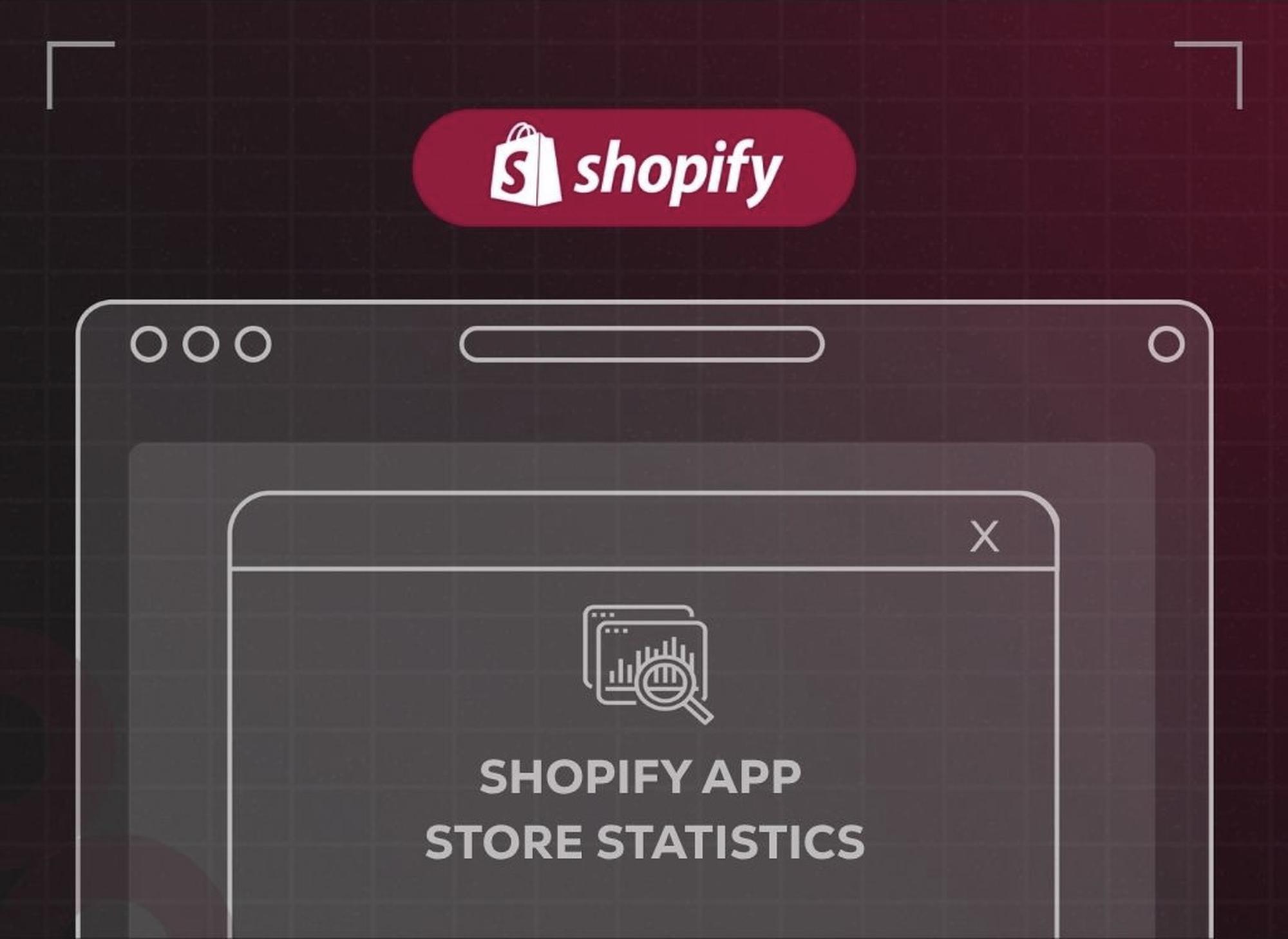 Abstract graphic showing browser windows with the Shopify logo and "Shopify App Store Statistics" text in the center.
