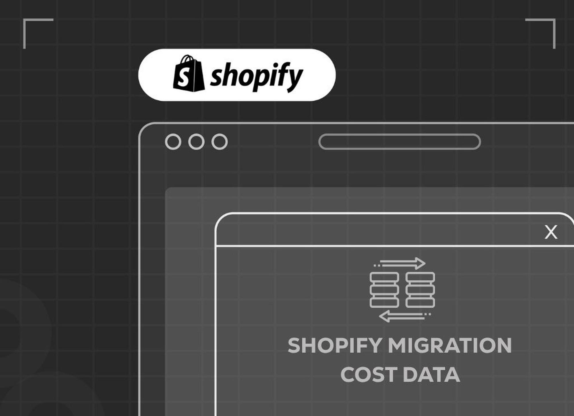 Graphic showing browser windows with Shopify logo and text: "Shopify Migration Cost Data."
