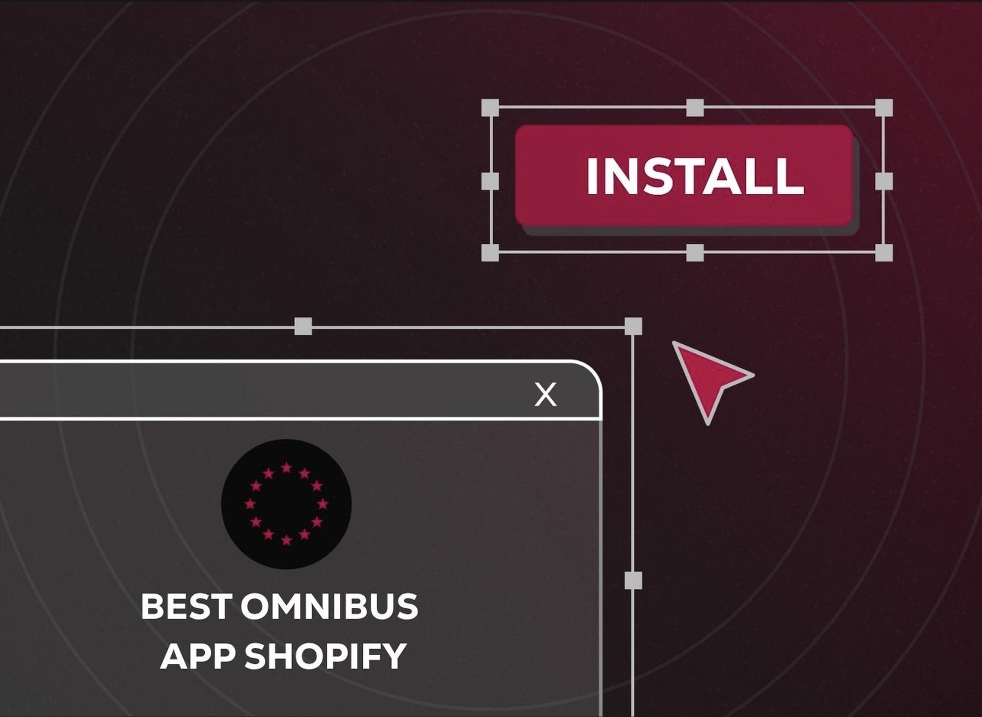 Illustration of a "Best Omnibus App Shopify" window with a large red "Install" button and a red cursor on a dark background.