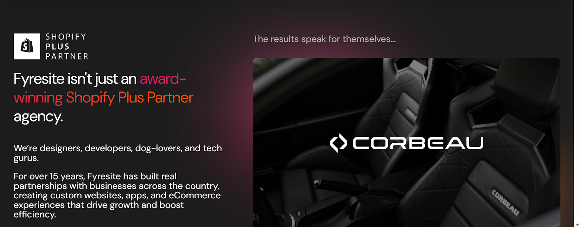 A Shopify Plus Partner's ad highlights Corbeau car seats, emphasizing design expertise and collaboration with businesses for over 15 years.
