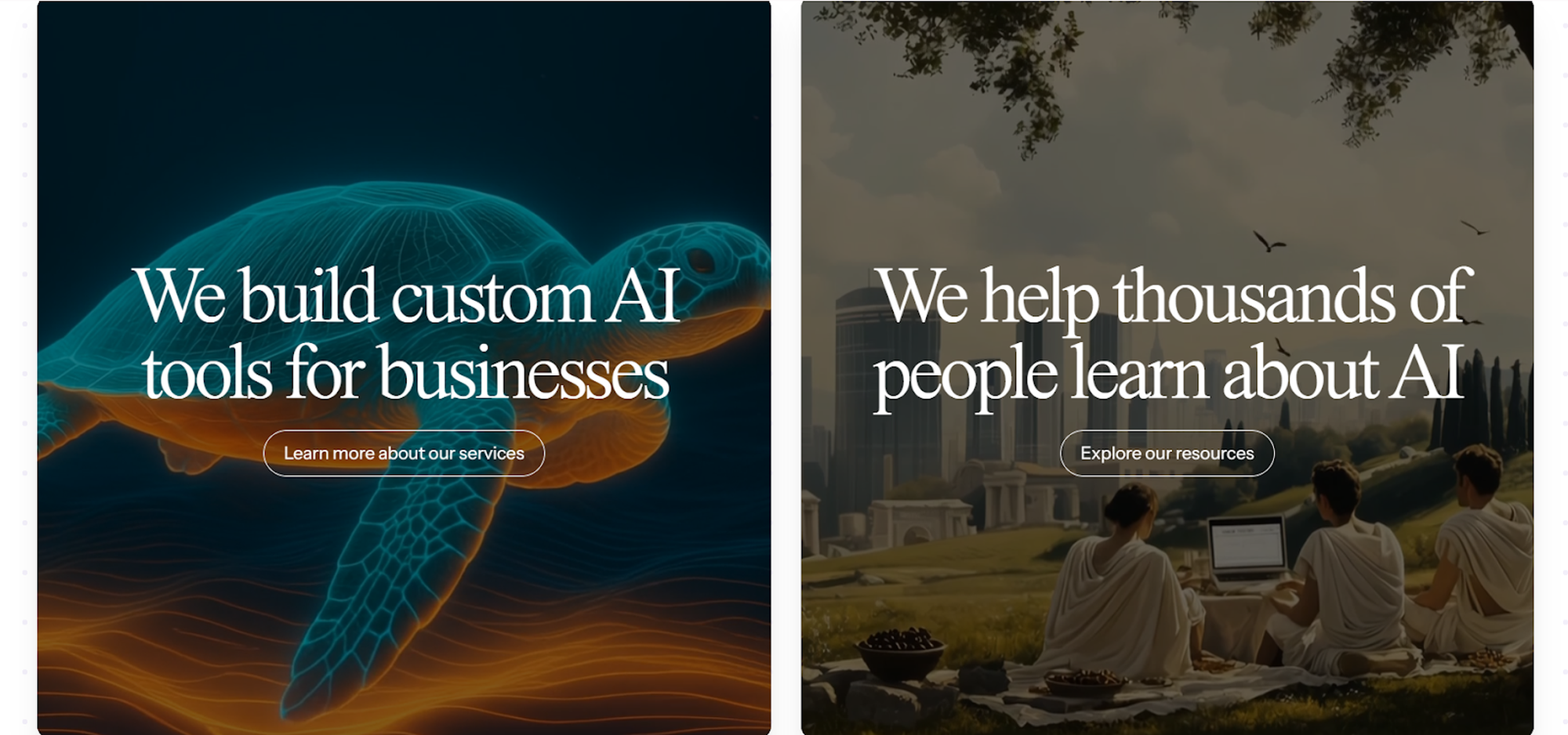 Split image: Left shows a digital turtle with "We build custom AI tools for businesses"; Right shows people outdoors with "We help thousands learn about AI".