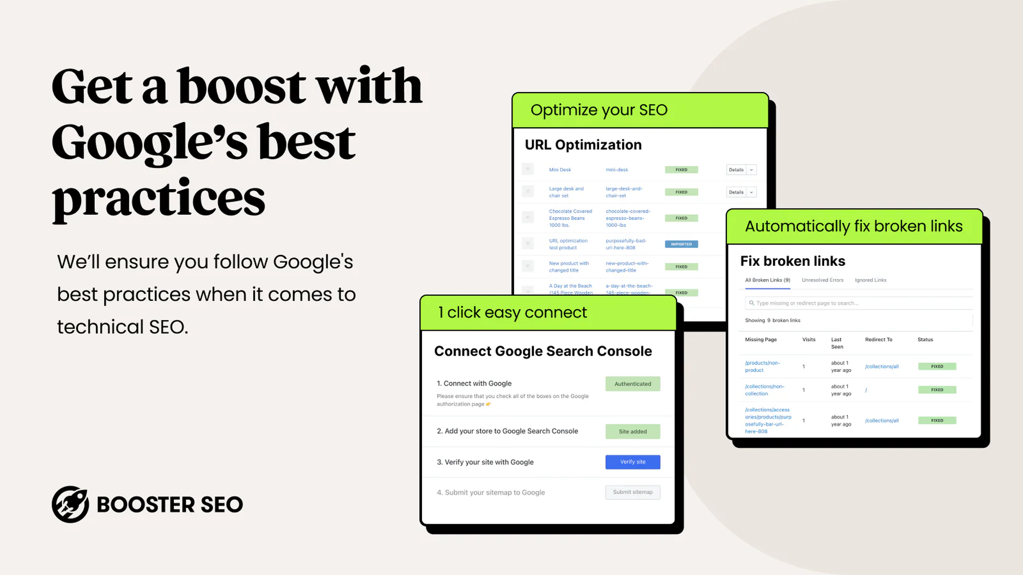 SEO practices guide with three sections: URL optimization, Google Search Console connection, and broken link fixes, by Booster SEO.