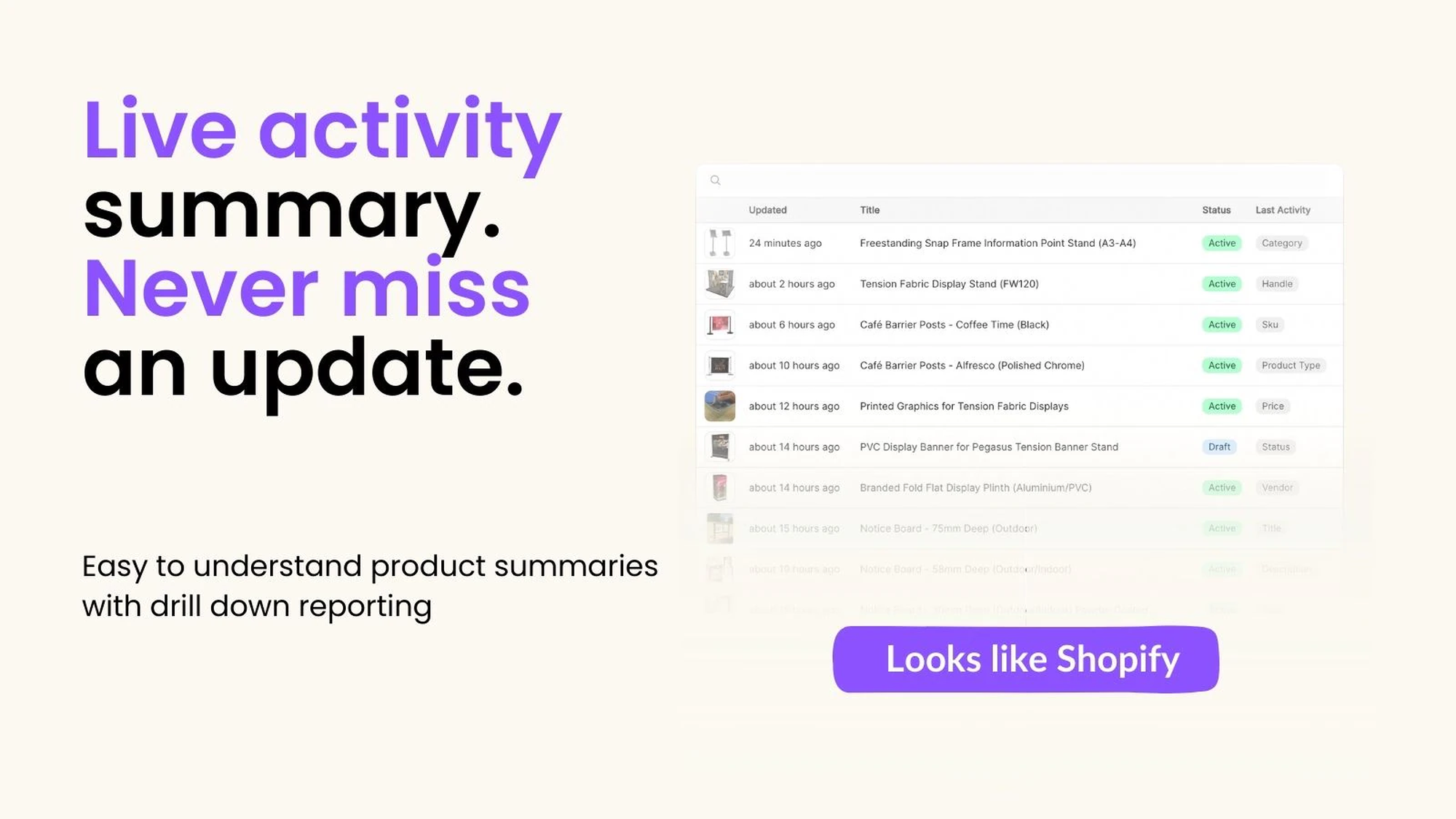 Text promoting a live activity summary feature with a product update list on the right and a "Looks like Shopify" button below.
