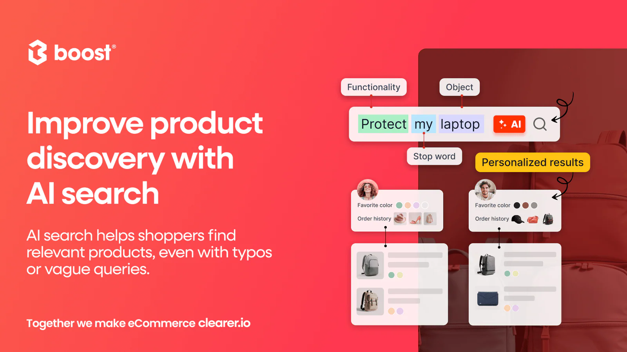 Red graphic illustrating AI-enhanced product search by Boost, showing personalized shopping results through analysis of keywords and preferences.