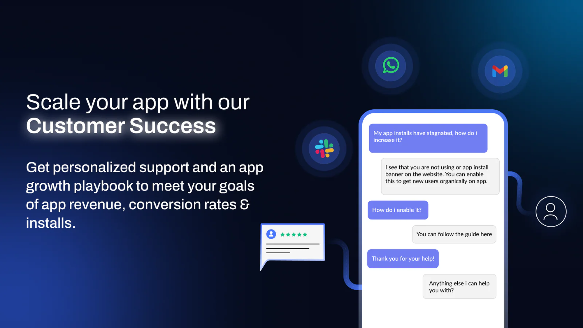 App growth support with customer success chat guidance, featuring icons for messaging and email integrations.