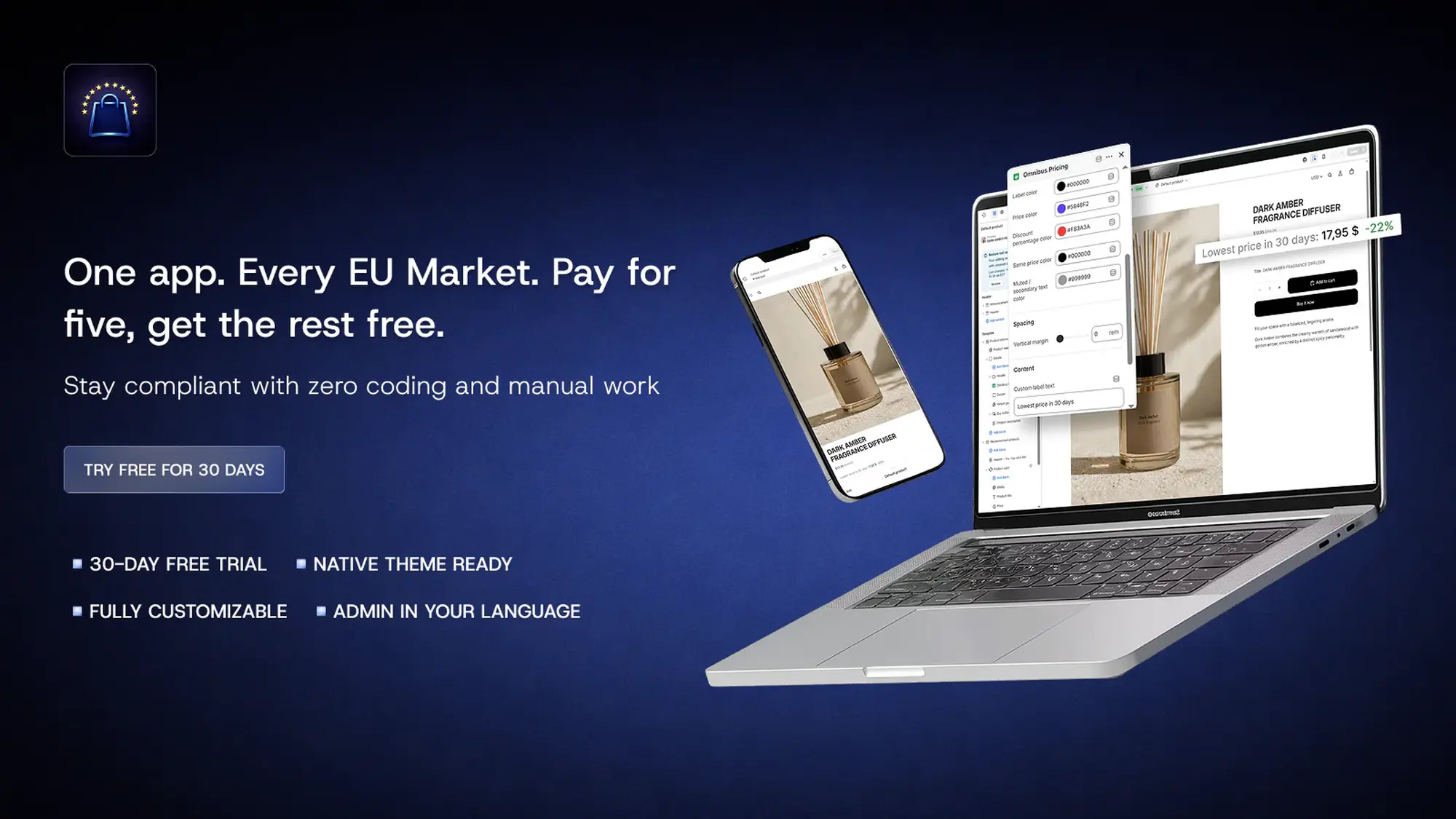 Laptop and phone displaying a fragrance diffuser. Text promotes EU market app with a 30-day free trial and customizable features.