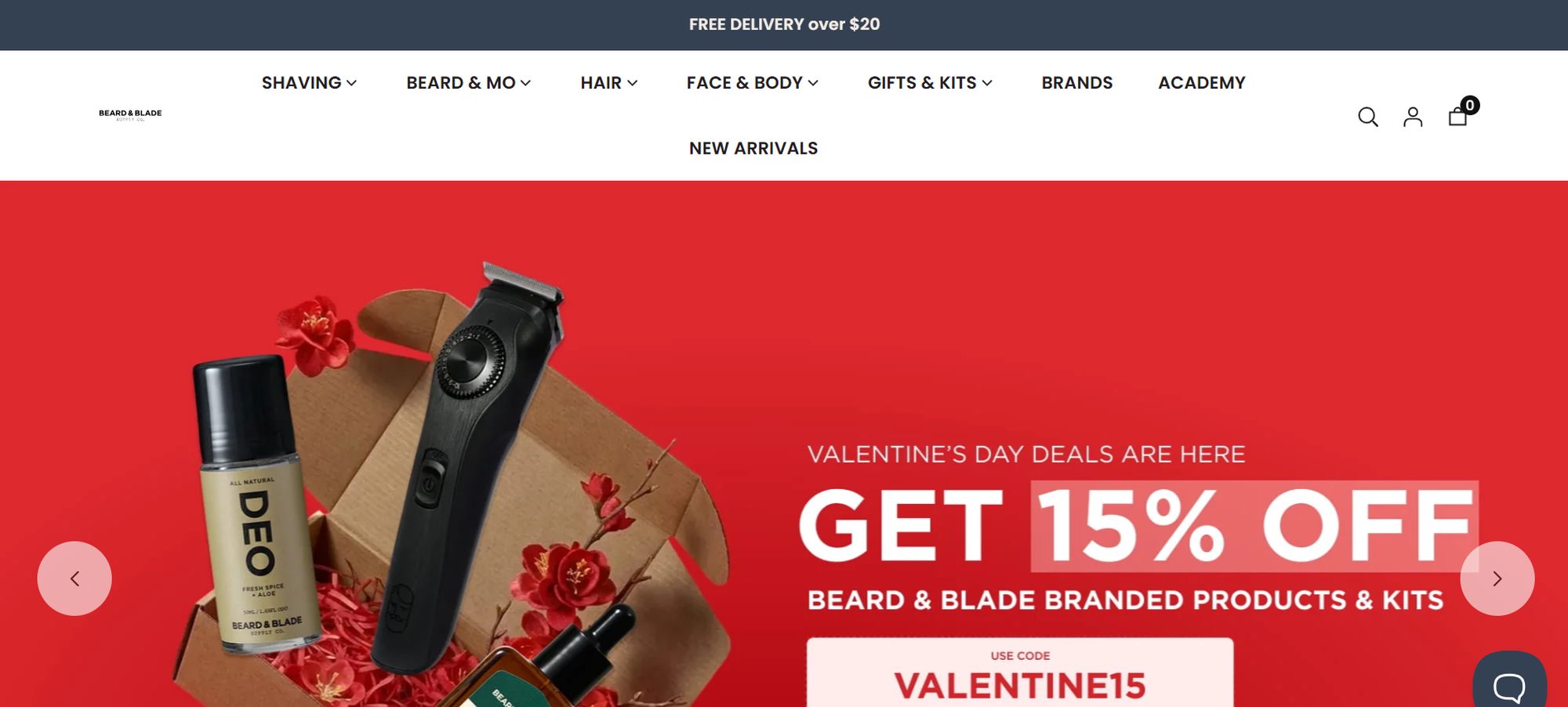 Valentine's promotion banner showing grooming products: a trimmer, deodorant, and oil in a box with a 15% off deal using code VALENTINE15.