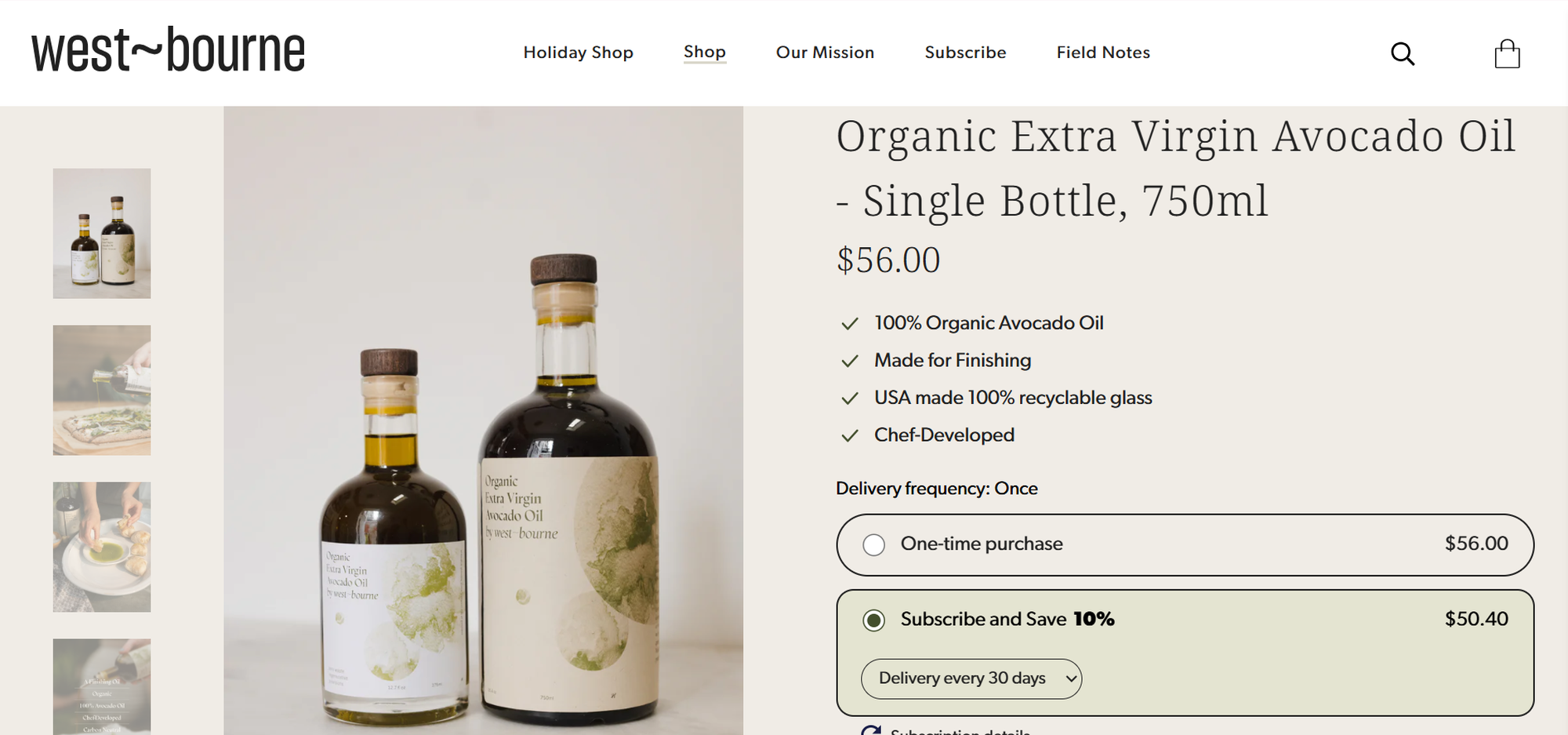 Product page for "Organic Extra Virgin Avocado Oil" showing a 750ml bottle, price, subscription options, and eco-friendly details.