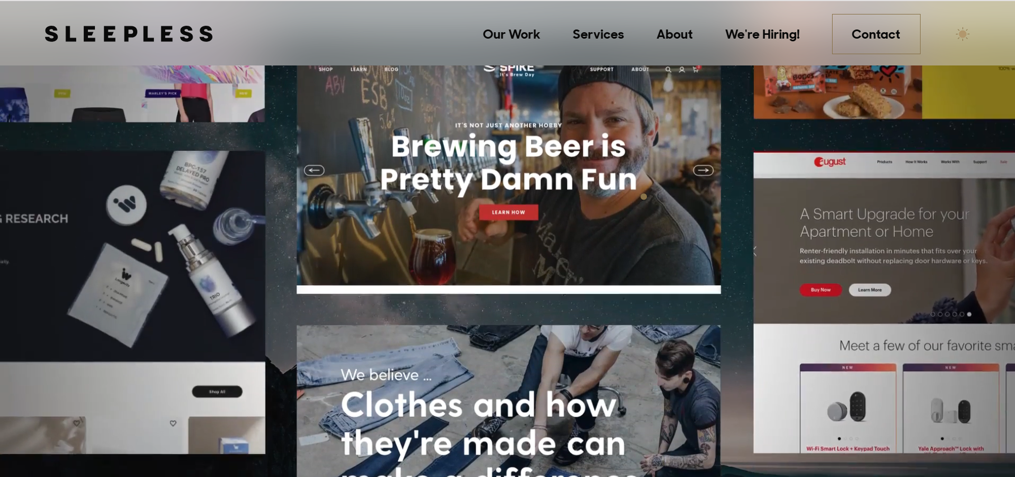 Website homepage with a design agency's portfolio, including beer brewing and clothing projects, navigation menu, and "We're Hiring" section.