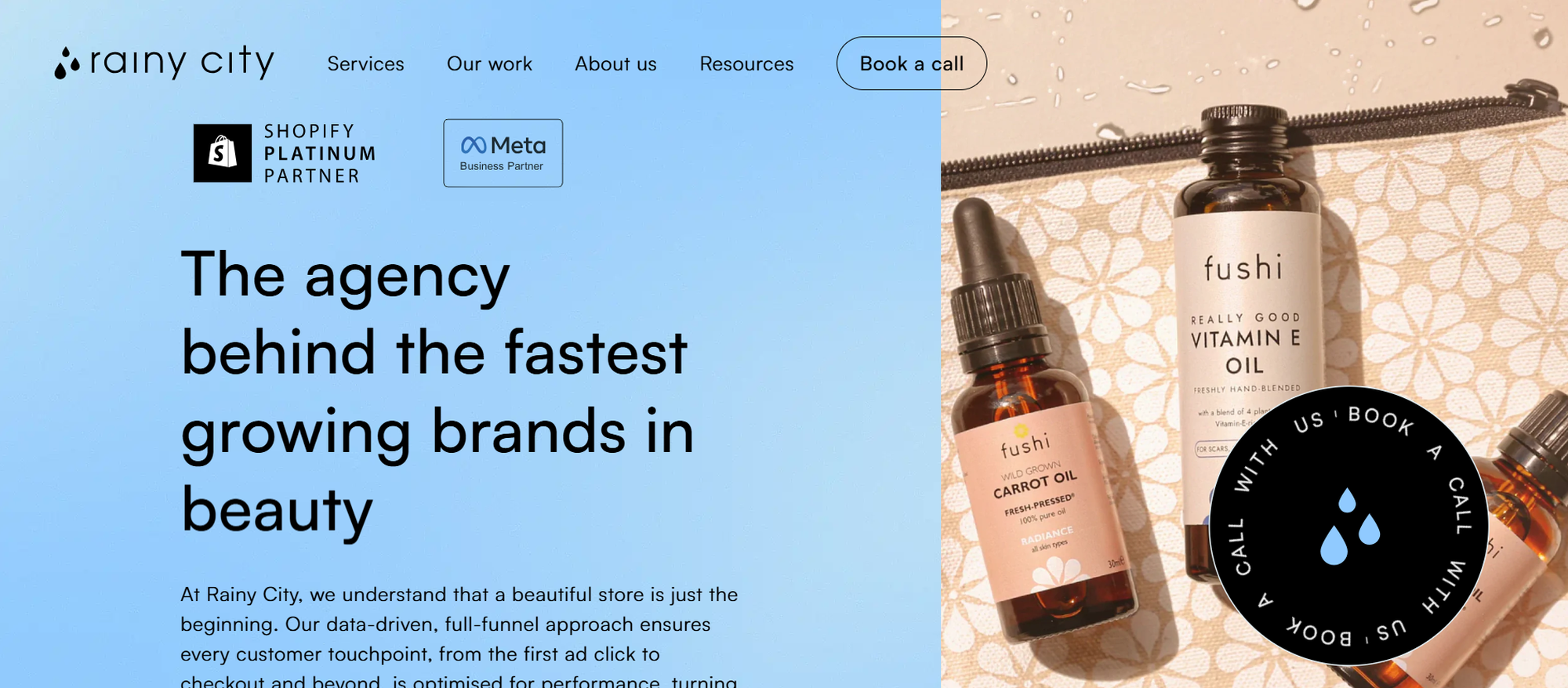 Split-screen image: On the left, a company's website header with text and logos; on the right, various skincare product bottles on a patterned surface.