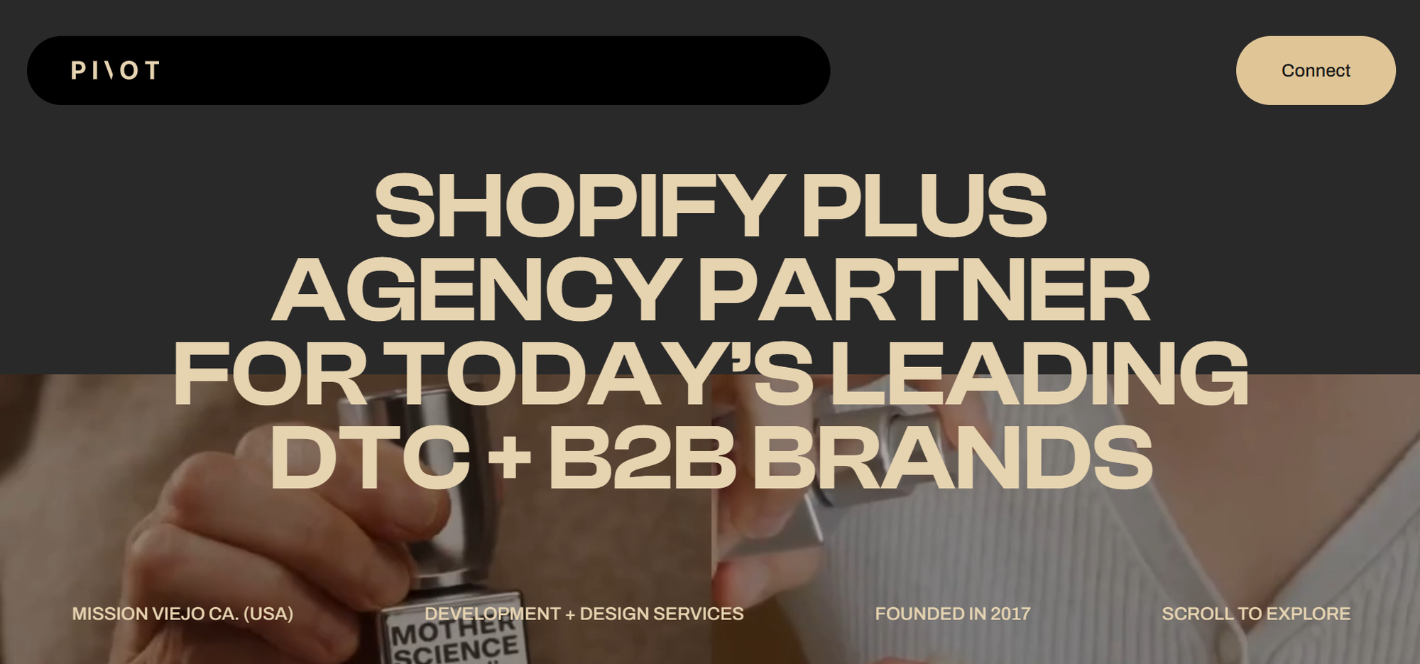 Shopify Plus Agency Partner text overlay on blurred background, highlighting services for DTC and B2B brands. Contact and location shown.