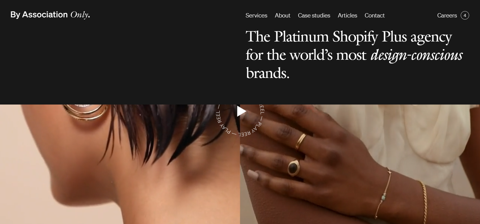 Elegant website header showcasing a sleek design, jewelry on model; text highlights the agency as a leading Shopify Plus partner for design-focused brands.