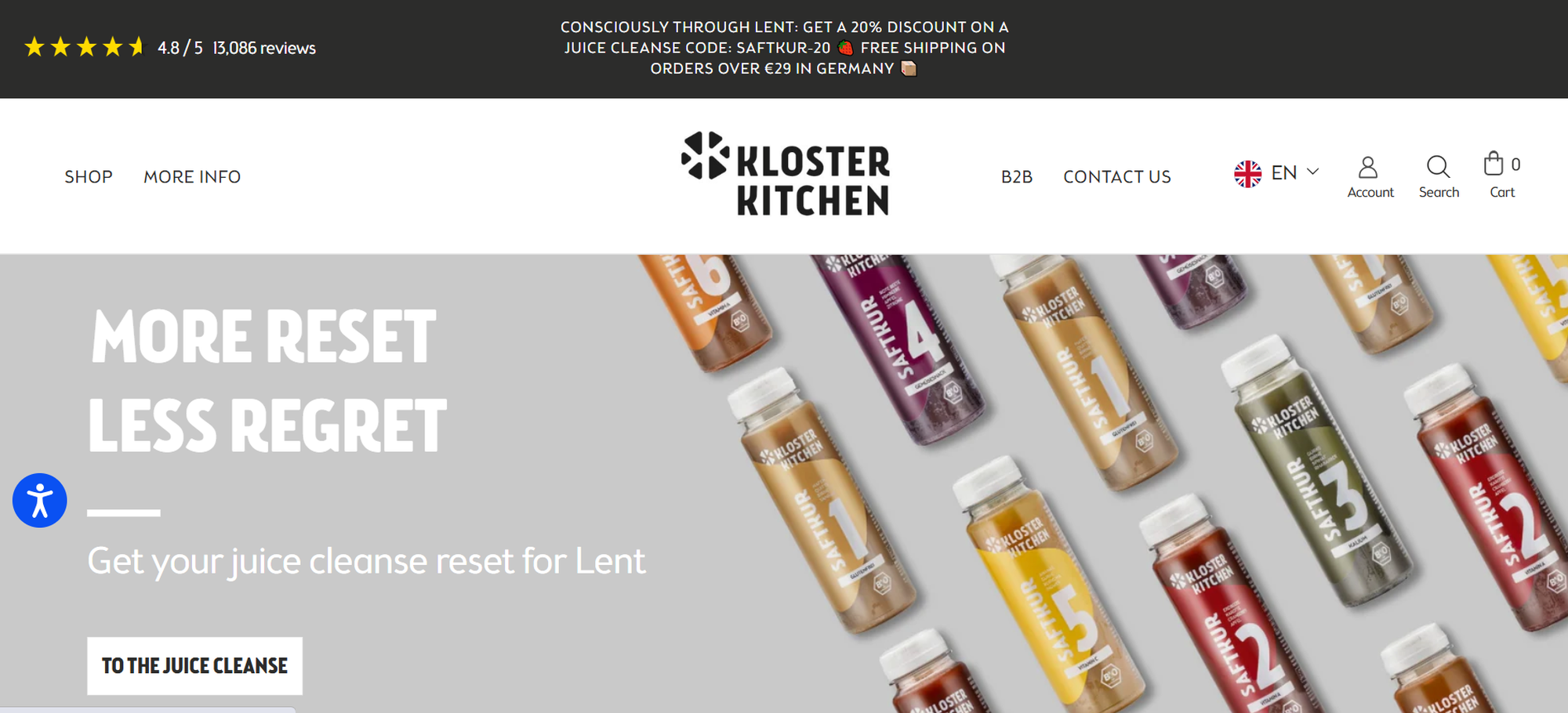 Image of Kloster Kitchen website banner showcasing multiple juice bottles and offering a discount for Lent.