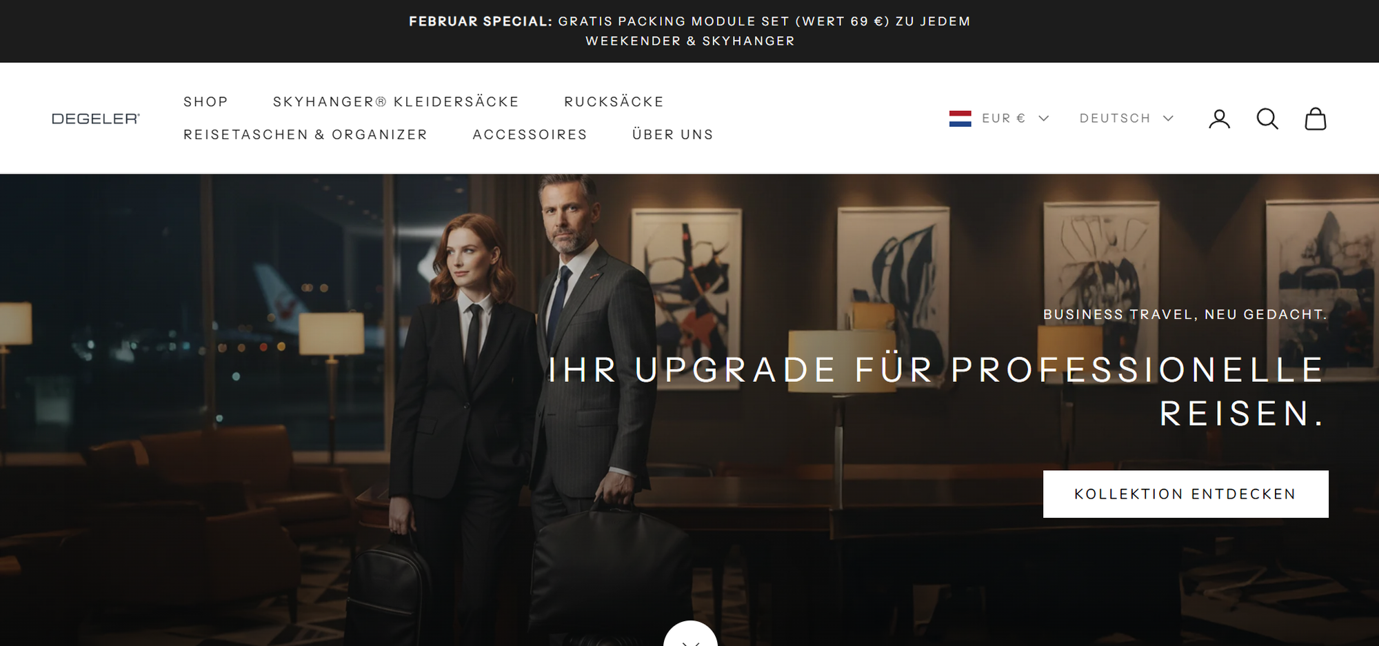 A man and a woman in business attire stand in a stylish hotel lobby with luggage, promoting professional travel on a website.