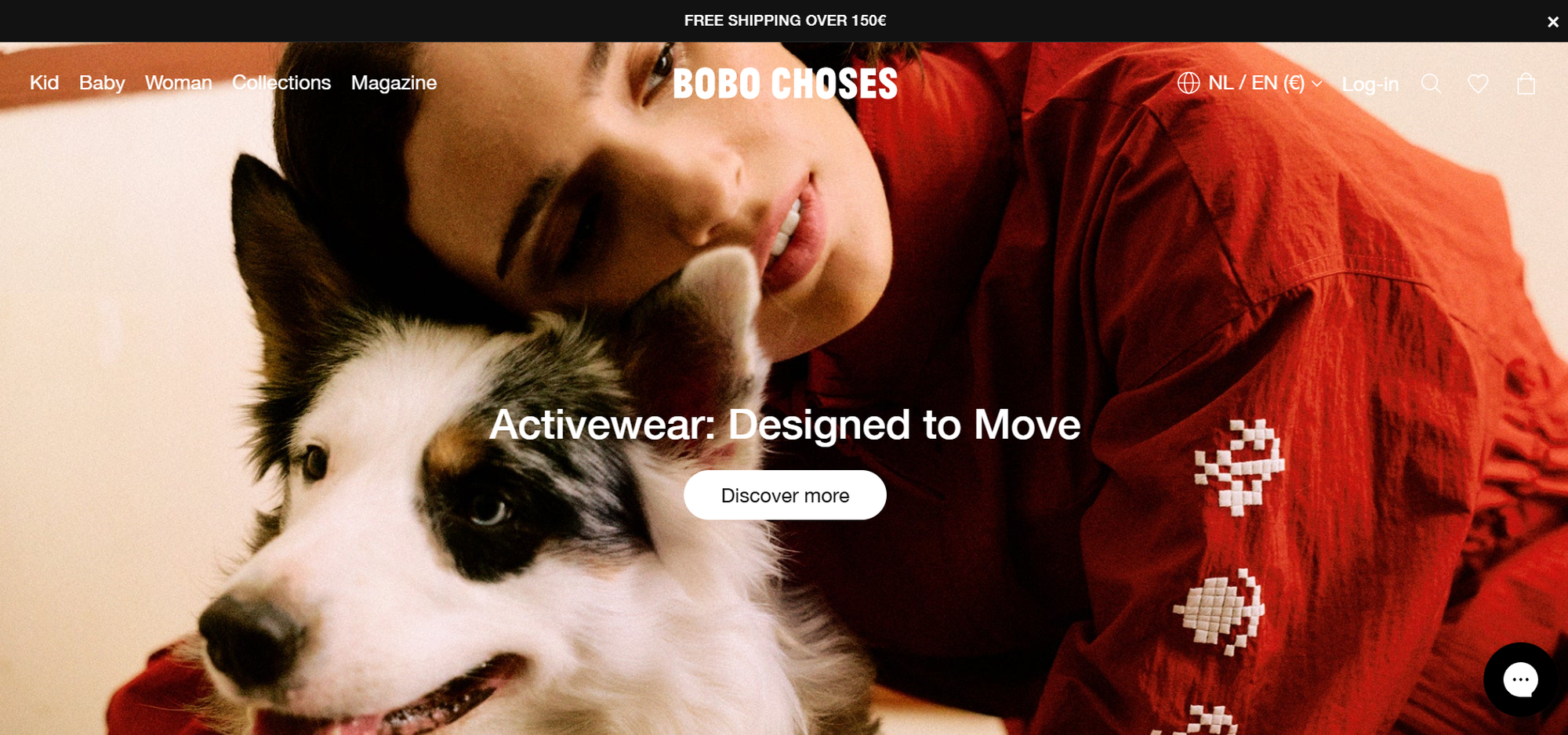 Woman in red shirt resting her head on a white and gray dog, with text overlay about activewear from Bobo Choses.