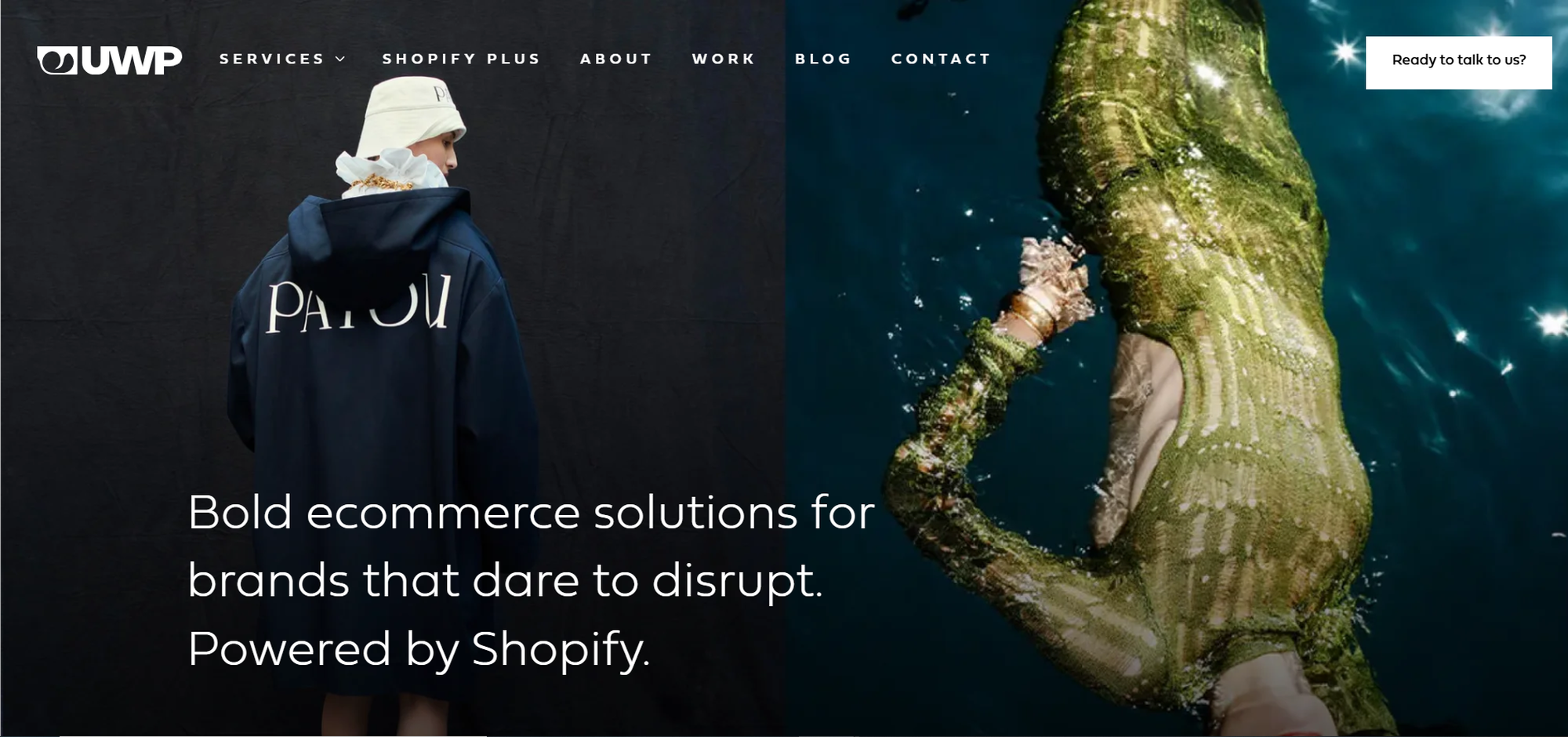 Fashionable person in branded coat and hat next to a gold-sequined figure swimming; text about bold e-commerce solutions by Shopify.