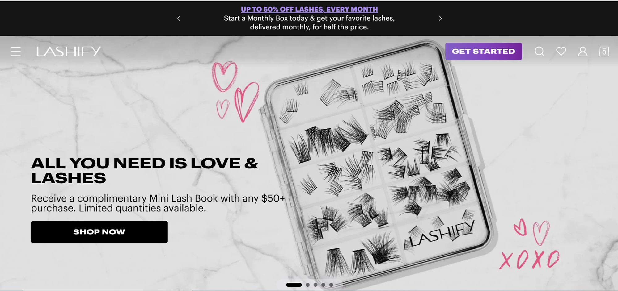Advertisement for Lashify featuring a lash book assortment with various lash styles, pink heart doodles, and promotional text about a complimentary offer.