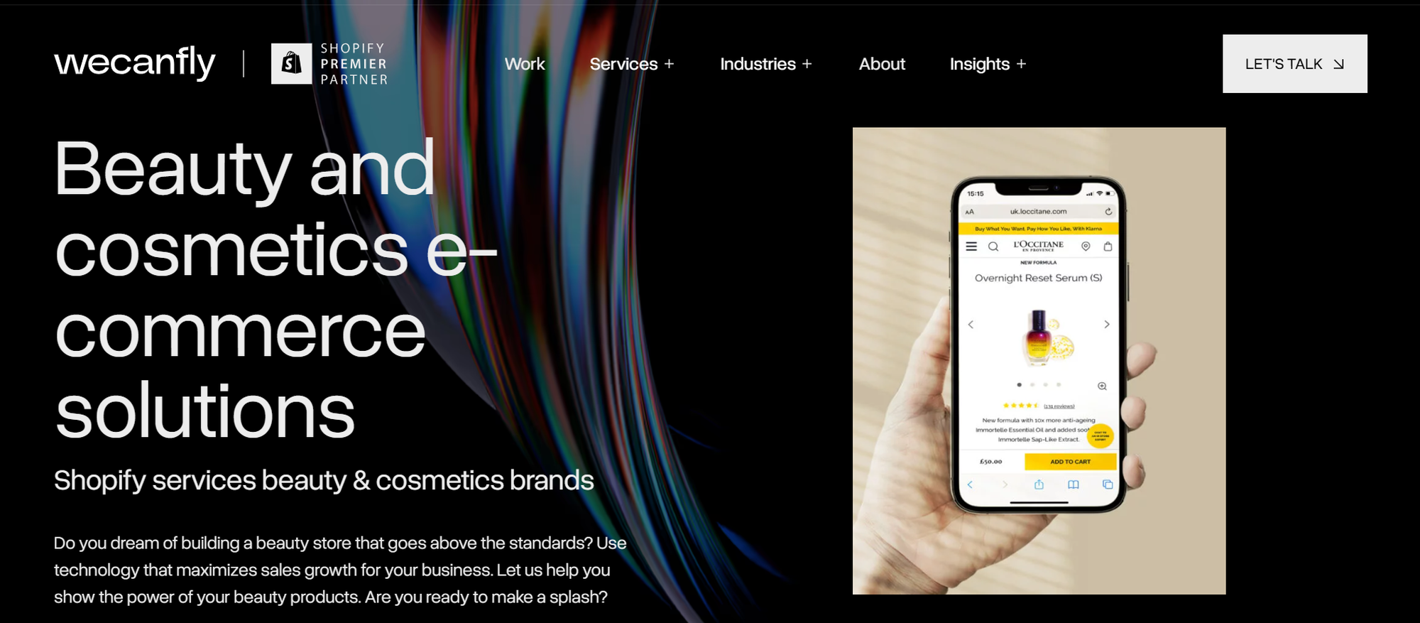 Hand holding a smartphone displaying a beauty product on a website, with text about e-commerce solutions on a dark background.