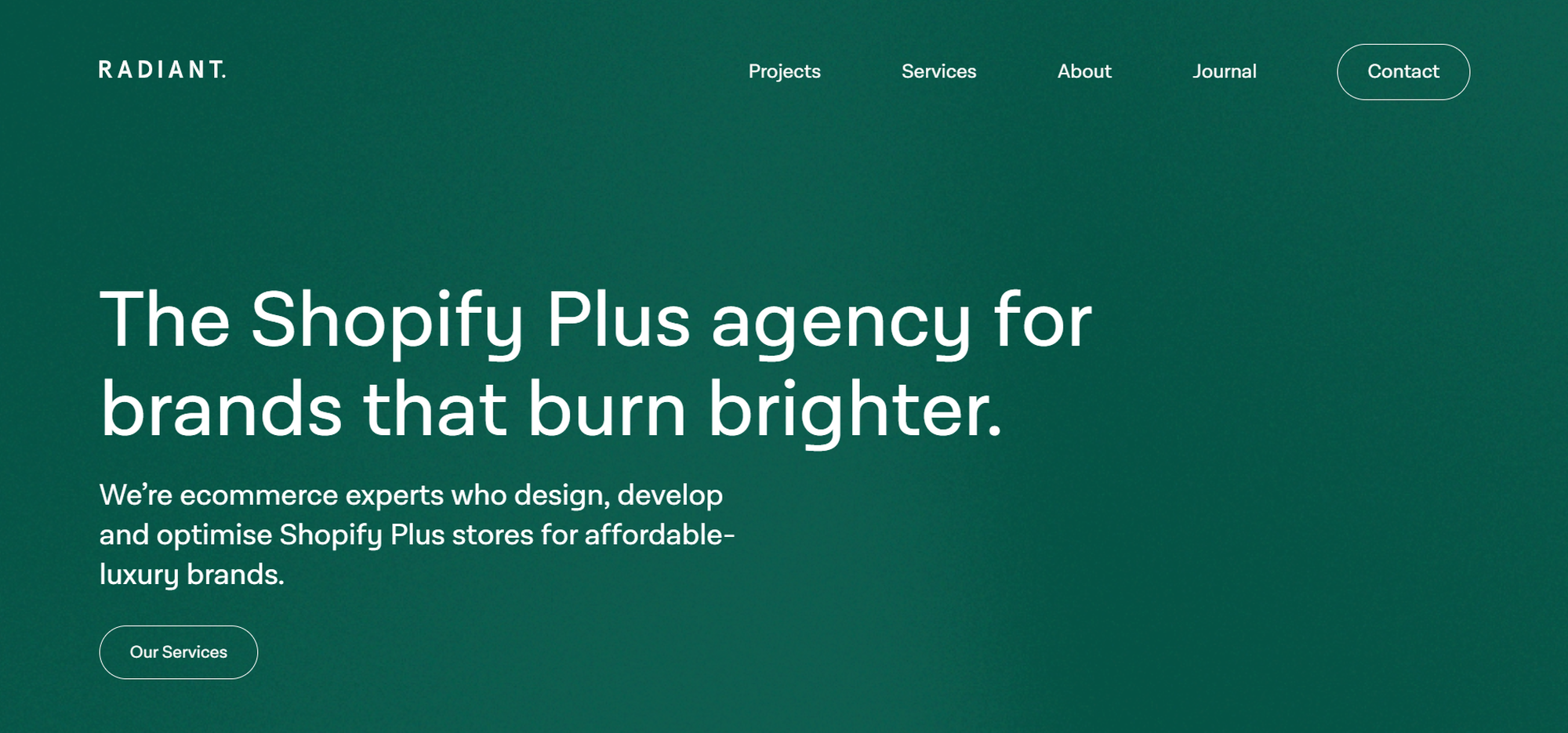 Website homepage with a green background, header menu, and white text describing a Shopify Plus agency specializing in luxury brands.