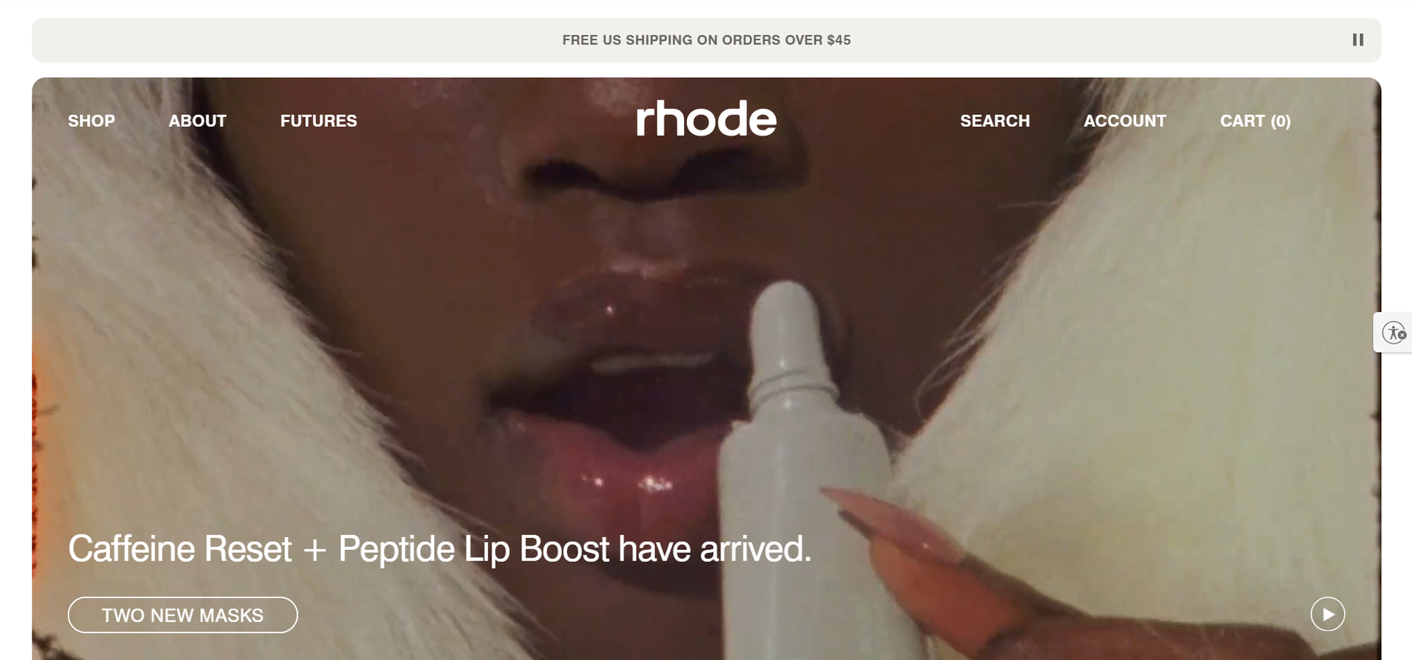Close-up of a person applying a lip product, with text promoting Caffeine Reset + Peptide Lip Boost. Navigation menu and offer details are visible.