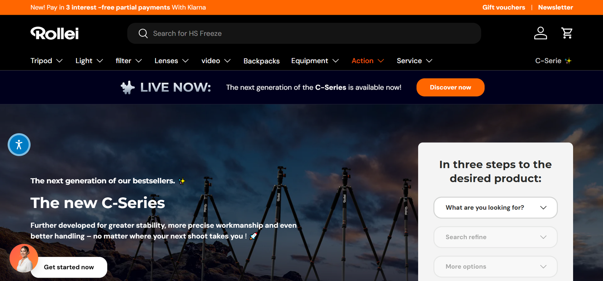 Website homepage showing Rollei's new C-Series tripods with a promotional banner, product features, and a navigation bar at the top.