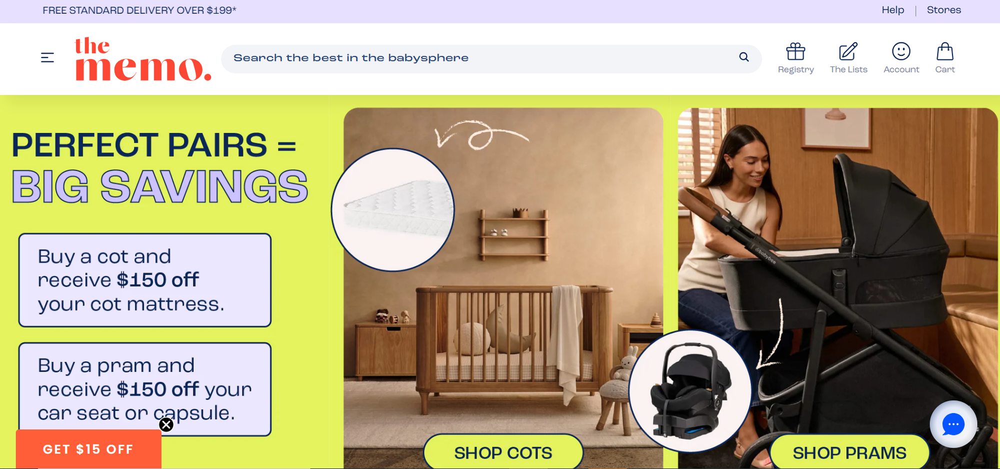 Nursery interior with a wooden crib and a woman adjusting a black pram, promoting discounts on cot mattresses and prams.