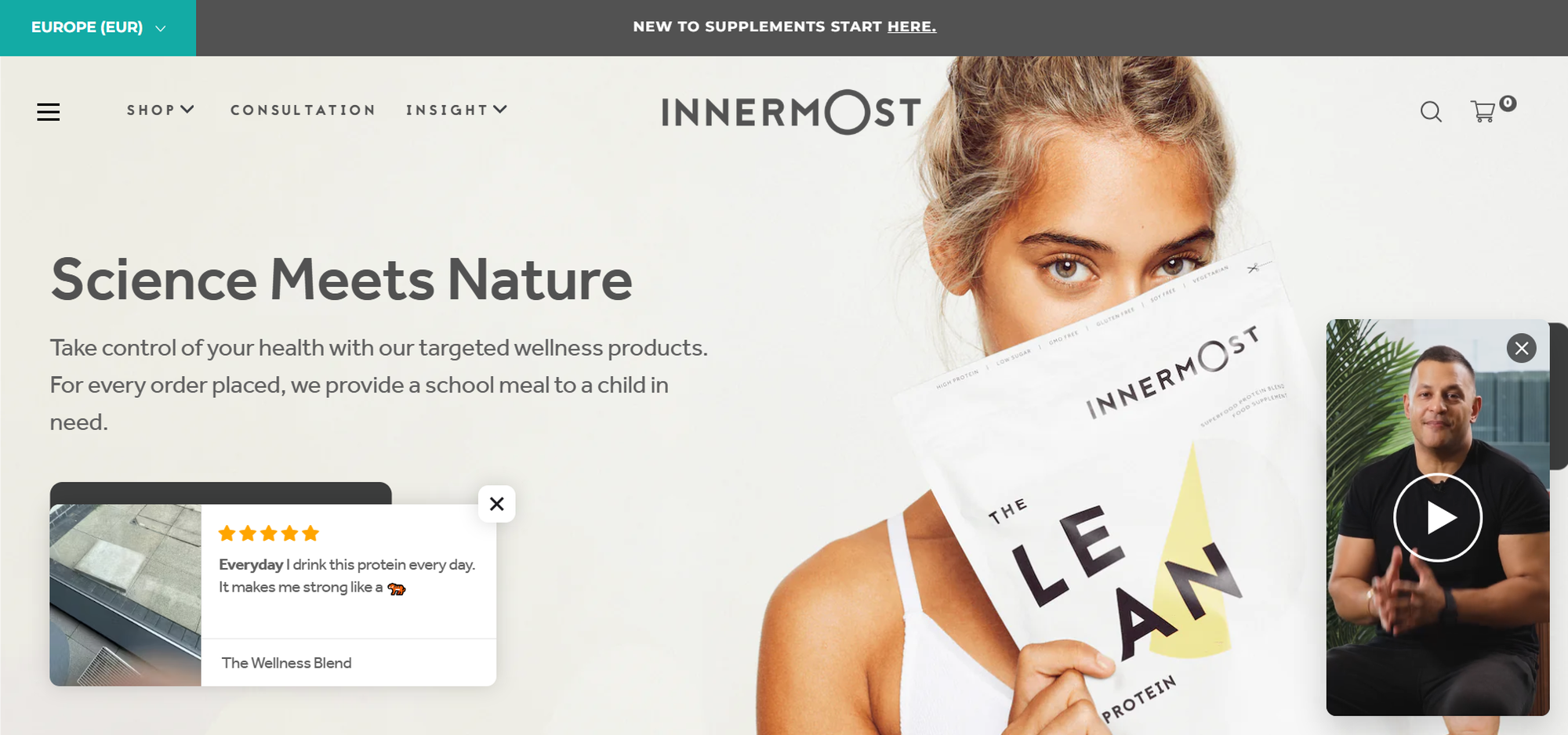 Woman holding a protein bag, website headline "Science Meets Nature," with wellness product promo and video thumbnail of a person speaking.