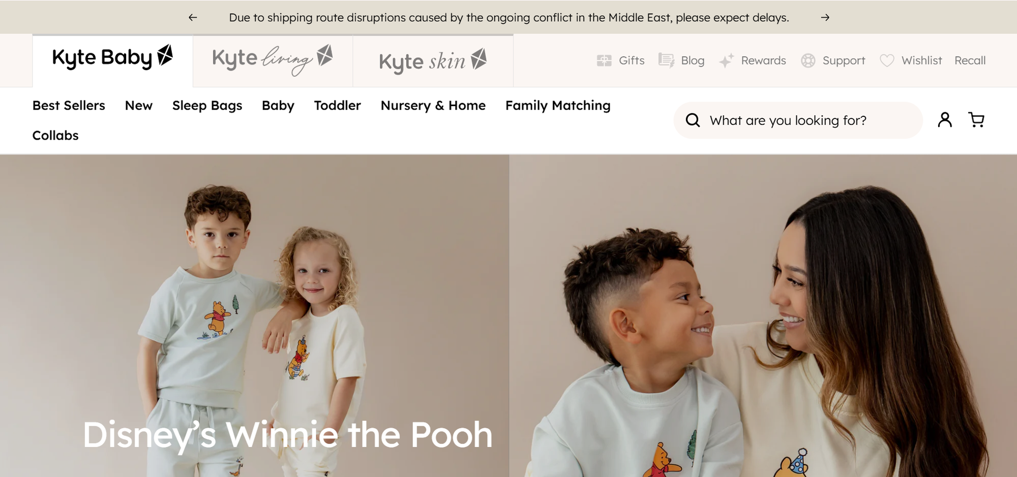 Website homepage featuring children's clothing from the "Disney’s Winnie the Pooh" collection, with two smiling children and navigation links.