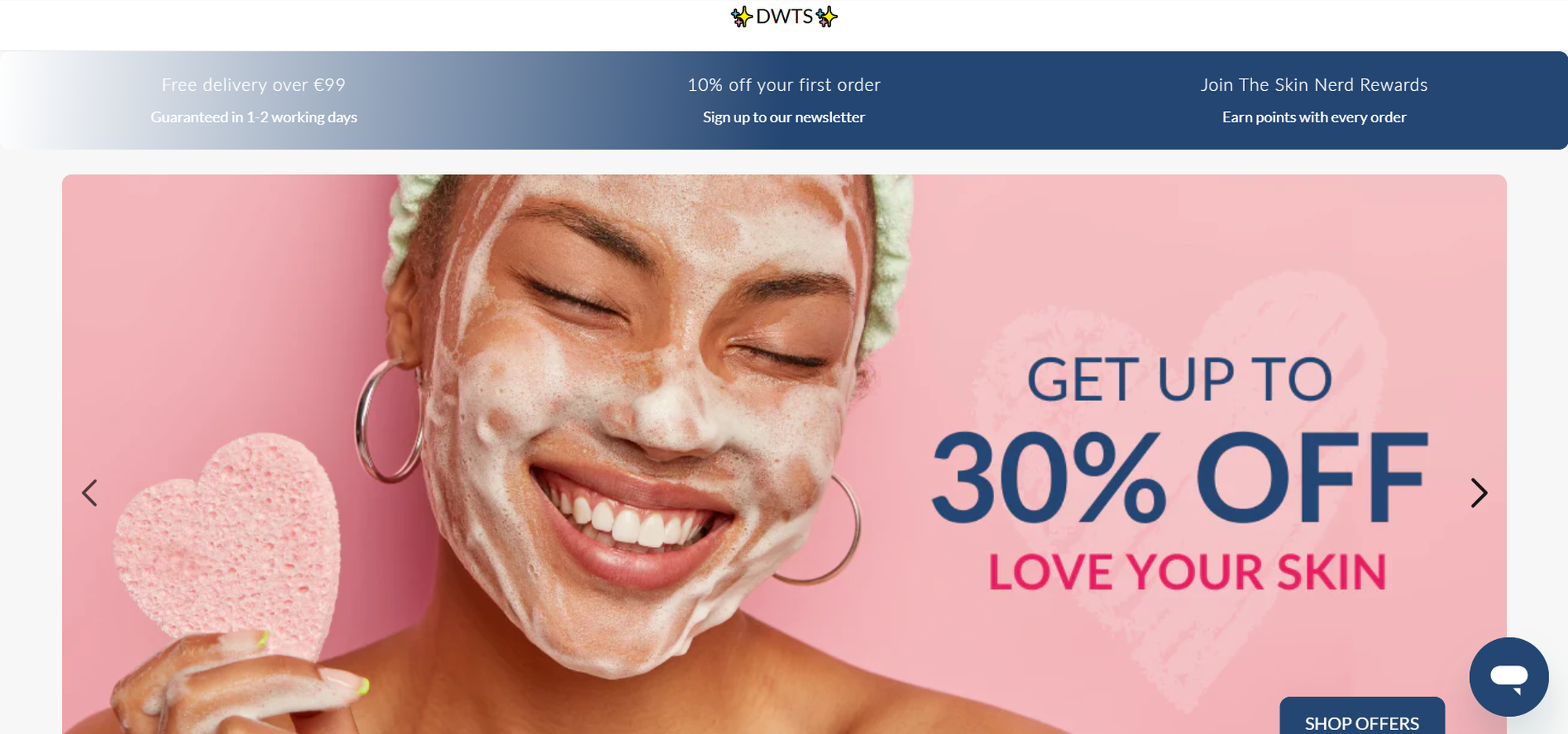 Woman smiling with a facial mask and holding a pink heart sponge. Text offers up to 30% off skincare.