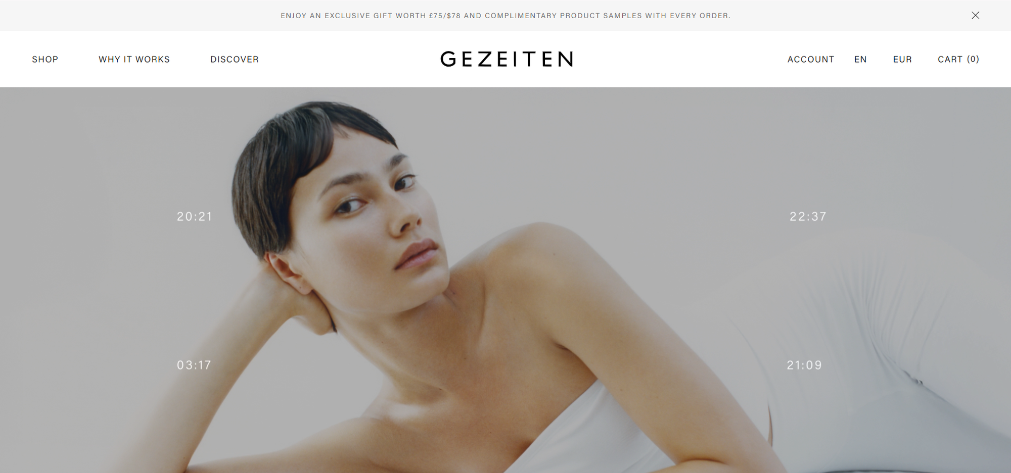 A woman with short hair lies on her side against a light background. The overlay shows various times. The top bar displays a navigation menu.